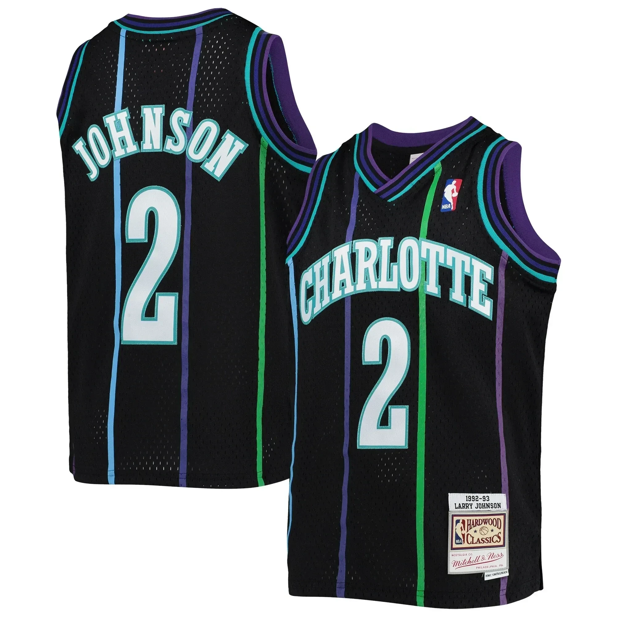 Larry Johnson Charlotte Hornets Mitchell&Nes 1992-93 Hardwood Classics Reload Black NBA Jersey Youth