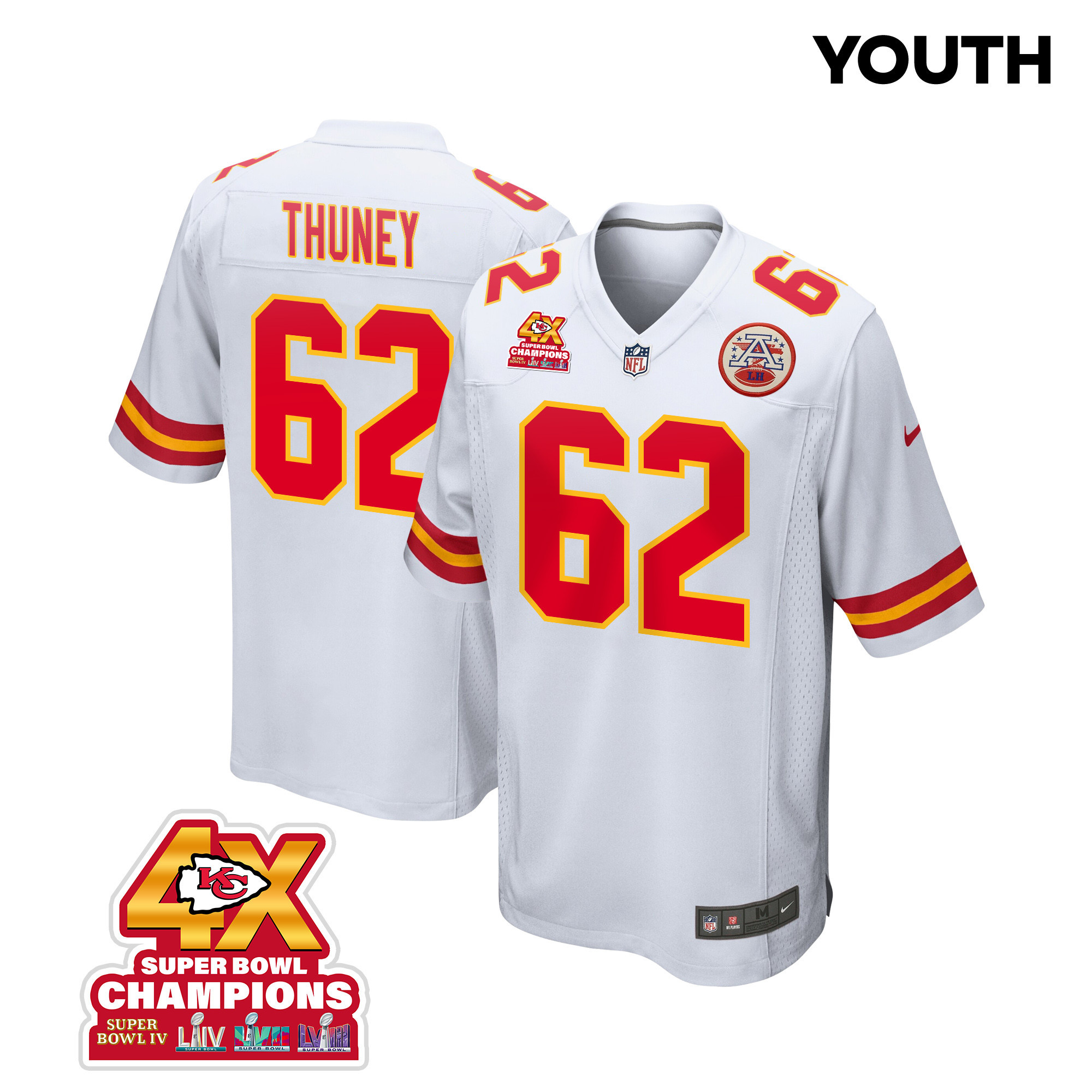 Joe Thuney 62 Kansas City Chiefs Super Bowl LVIII Champions 4X Game White NFL Jersey Youth