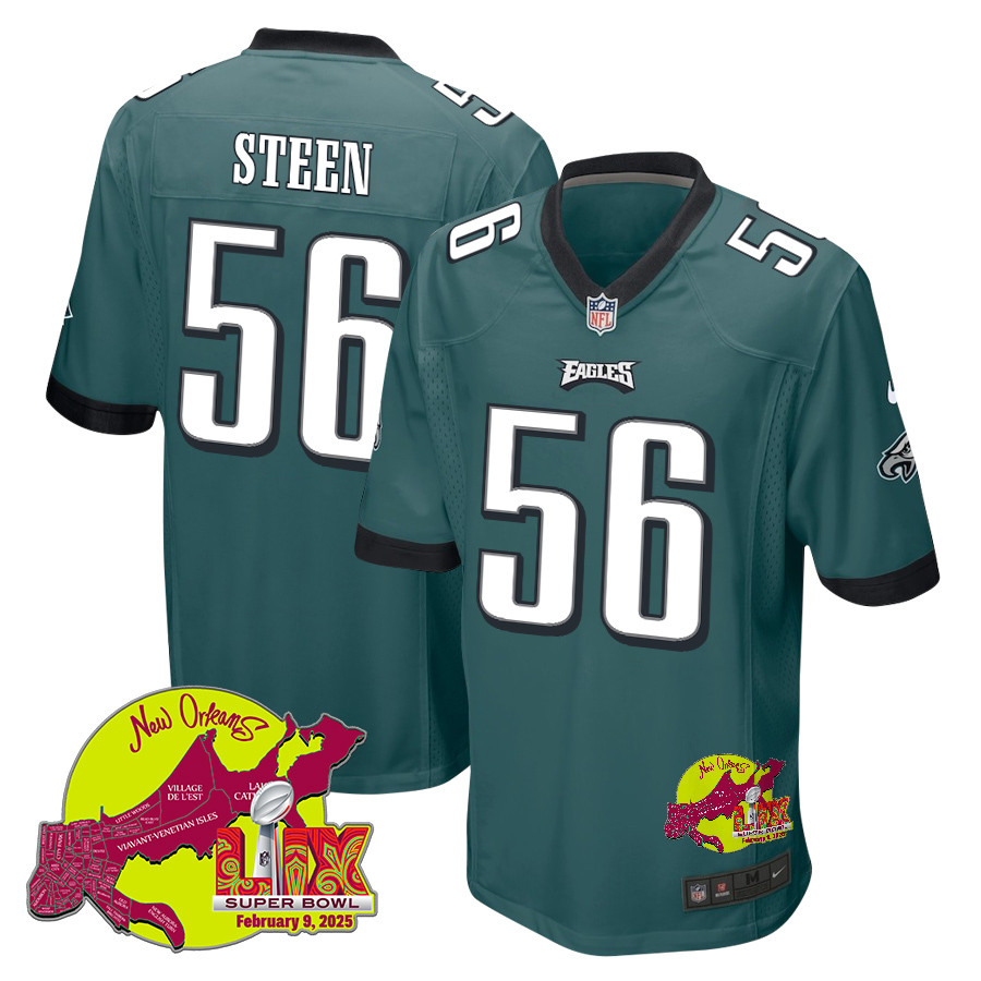 Tyler Steen 56 Philadelphia Eagles Super Bowl LIX New Orleans Patch Game Midnight Green NFL Jersey Men's