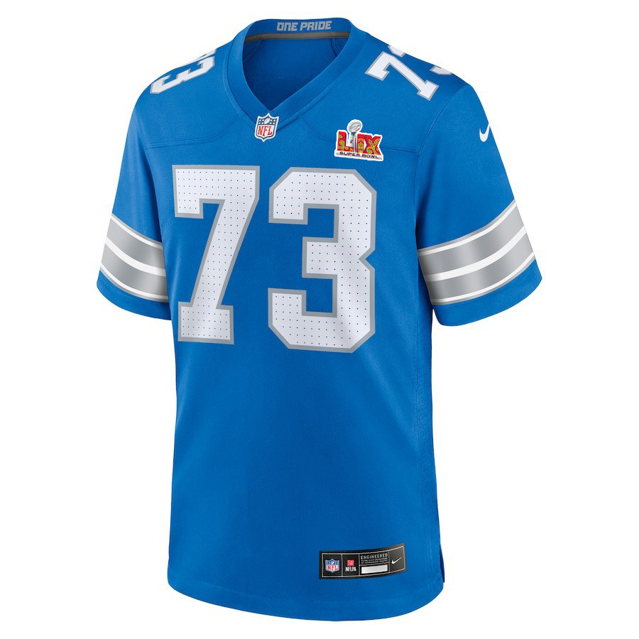 Christian Mahogany #73 Detroit Lions Super Bowl LIX Blue NFL Jersey Men's