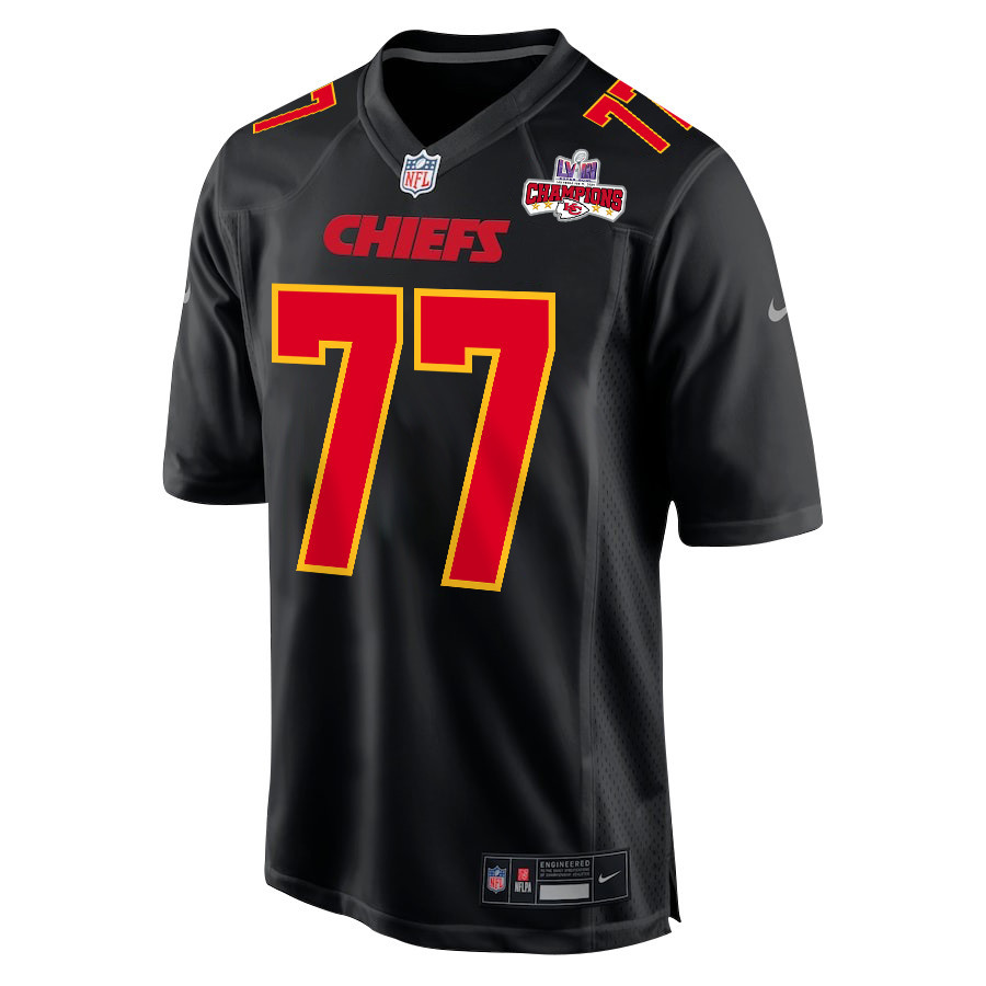 Lucas Niang 77 Kansas City Chiefs Super Bowl LVIII Champions 4 Stars Patch Fashion Game Carbon Black NFL Jersey Men's