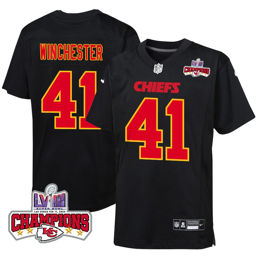 James Winchester 41 Kansas City Chiefs Super Bowl LVIII Champions 4 Stars Patch Fashion Game Carbon Black NFL Jersey Youth
