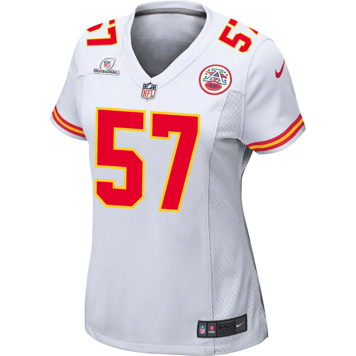 Truman Jones 57 Kansas City Chiefs Super Bowl LVIII Patch Game White NFL Jersey Women's