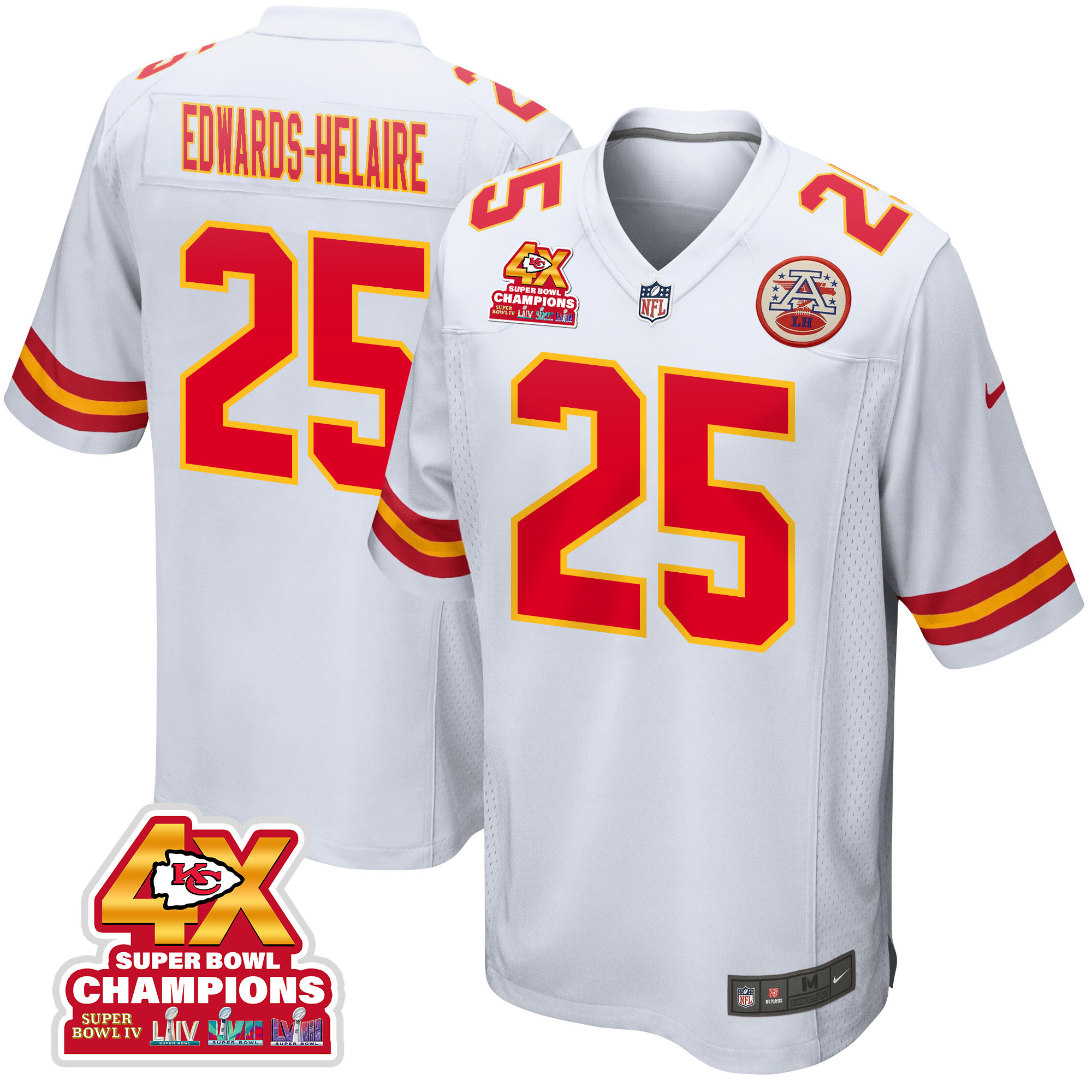 Clyde Edwards-Helaire 25 Kansas City Chiefs Super Bowl LVIII Champions 4X Game White NFL Jersey Men's