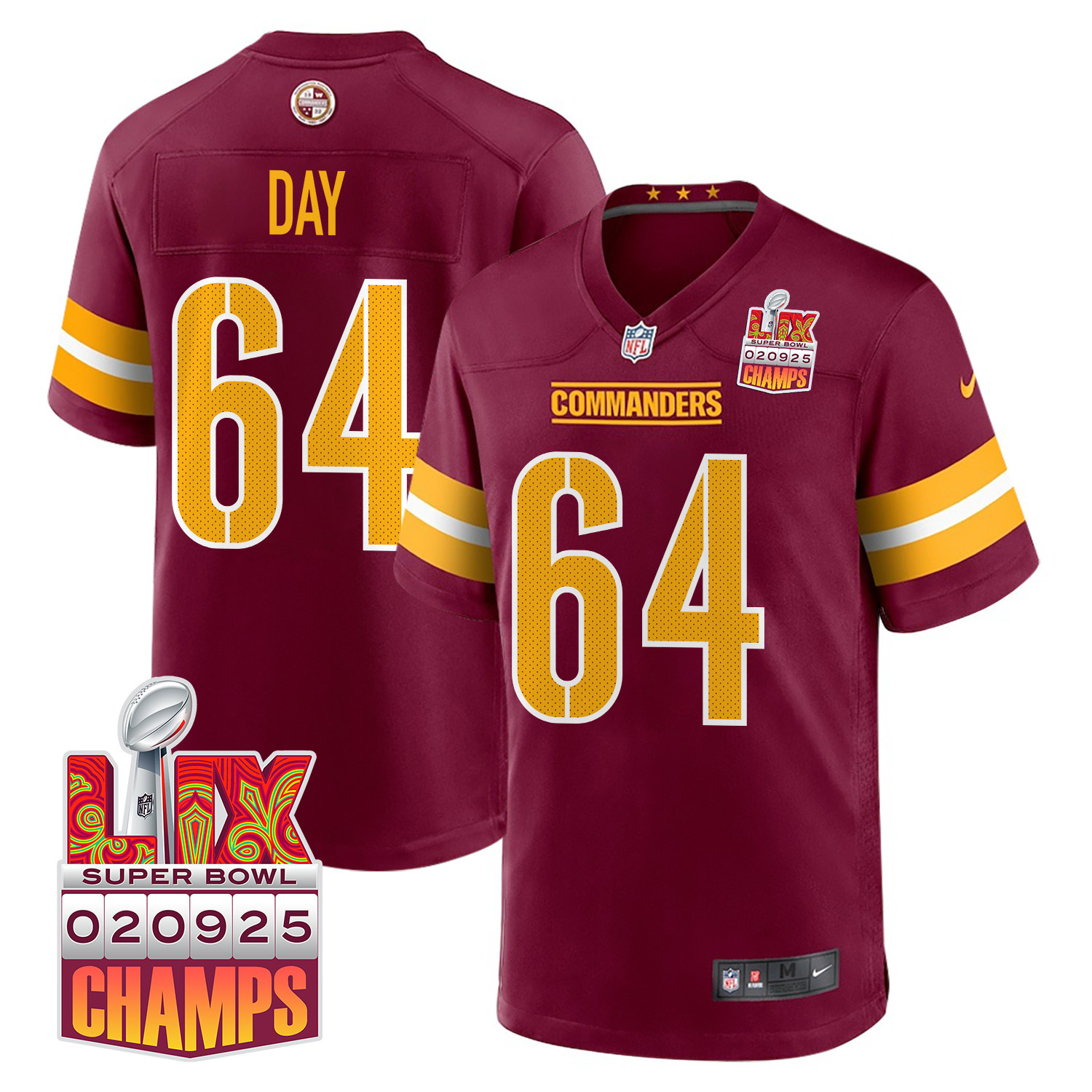 Sheldon Day 64 Washington Commanders Super Bowl LIX Champions Patch Game Burgundy NFL Jersey Men's