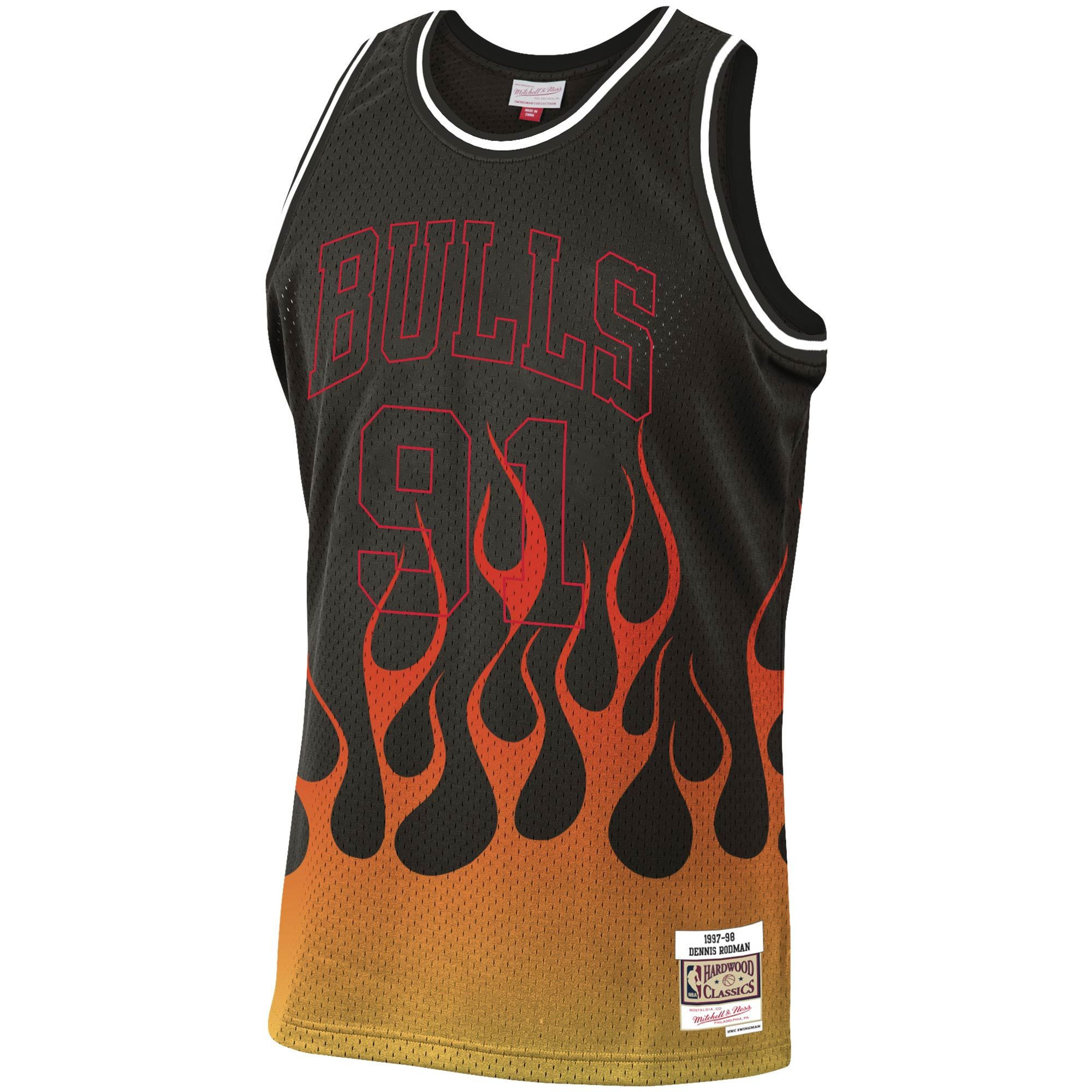 Dennis Rodman Chicago Bulls Mitchell Ness 1997-98 Hardwood Classics Flames Swingman Black NBA Jersey Men's