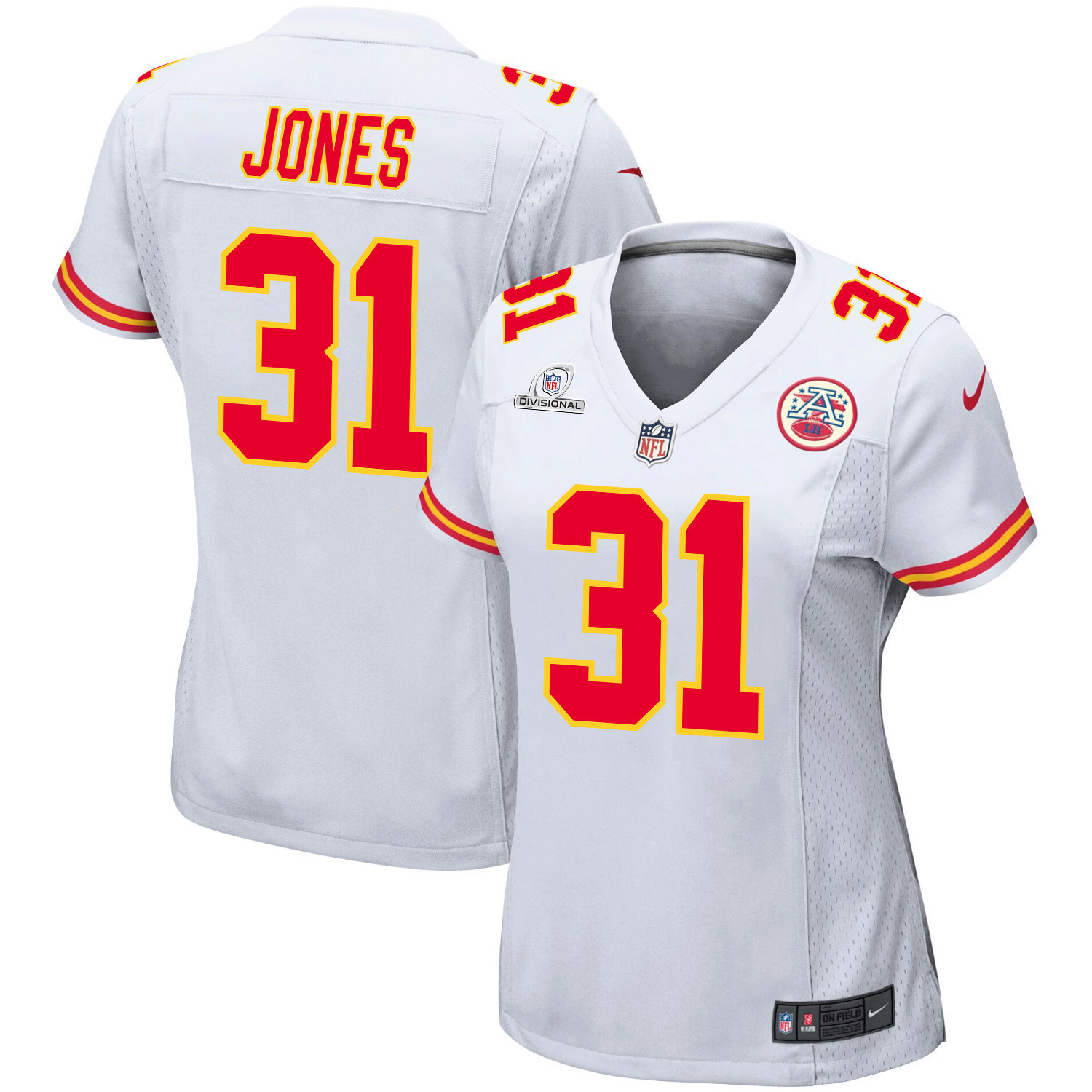 Nic Jones 31 Kansas City Chiefs Super Bowl LVIII Patch Game White NFL Jersey Women's