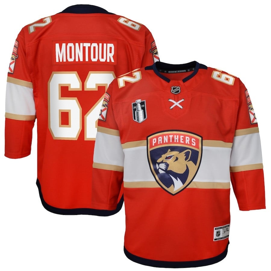 Brandon Montour 62 Florida Panthers 2023 Stanley Cup Final Home Red NHL Jersey Youth