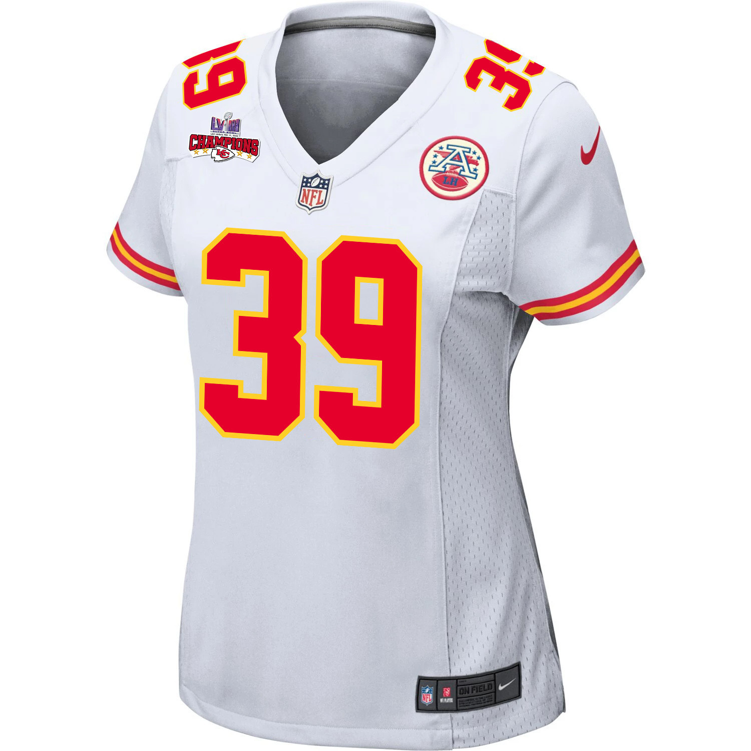 Keith Taylor 39 Kansas City Chiefs Super Bowl LVIII Champions 4 Stars Patch Game White NFL Jersey Women's