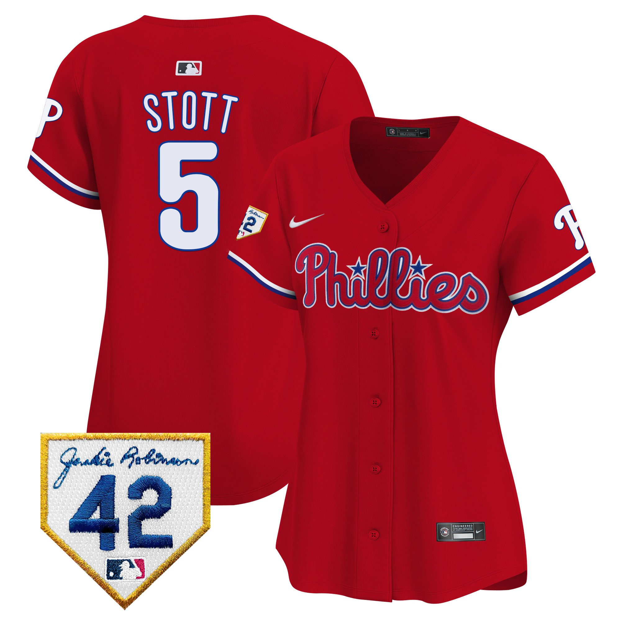 Bryson Stott 5 Philadelphia Phillies 2024 Jackie Robinson Patch Red MLB Jersey Women's