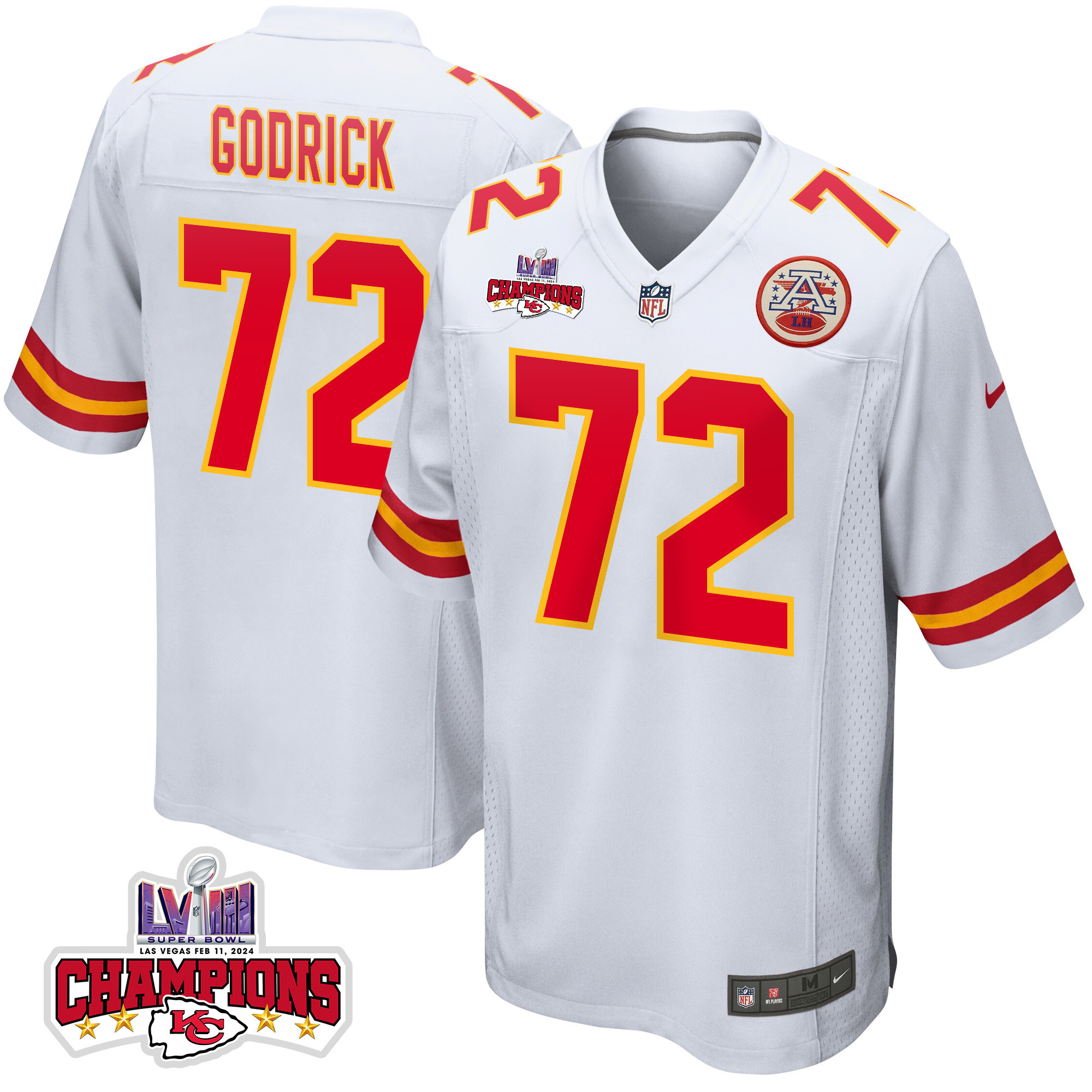 Chukwuebuka Godrick 72 Kansas City Chiefs Super Bowl LVIII Champions 4 Stars Patch Game White NFL Jersey Men's