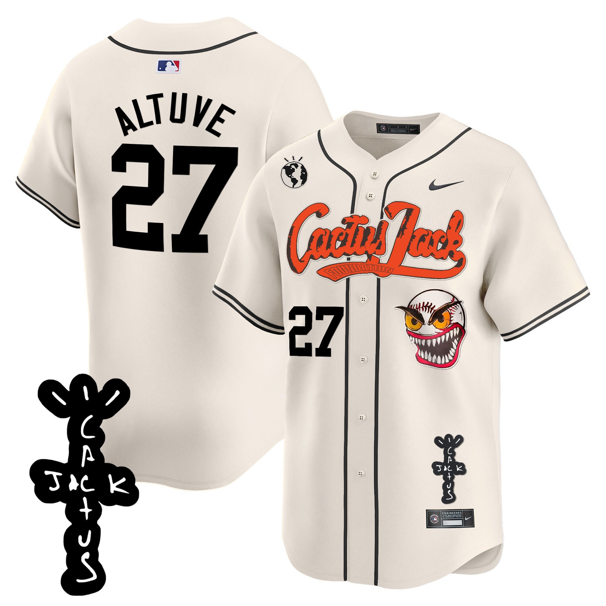 Jose Altuve 27 Houston Astros Cactus Jack Patch V2 Cream MLB Jersey Men's