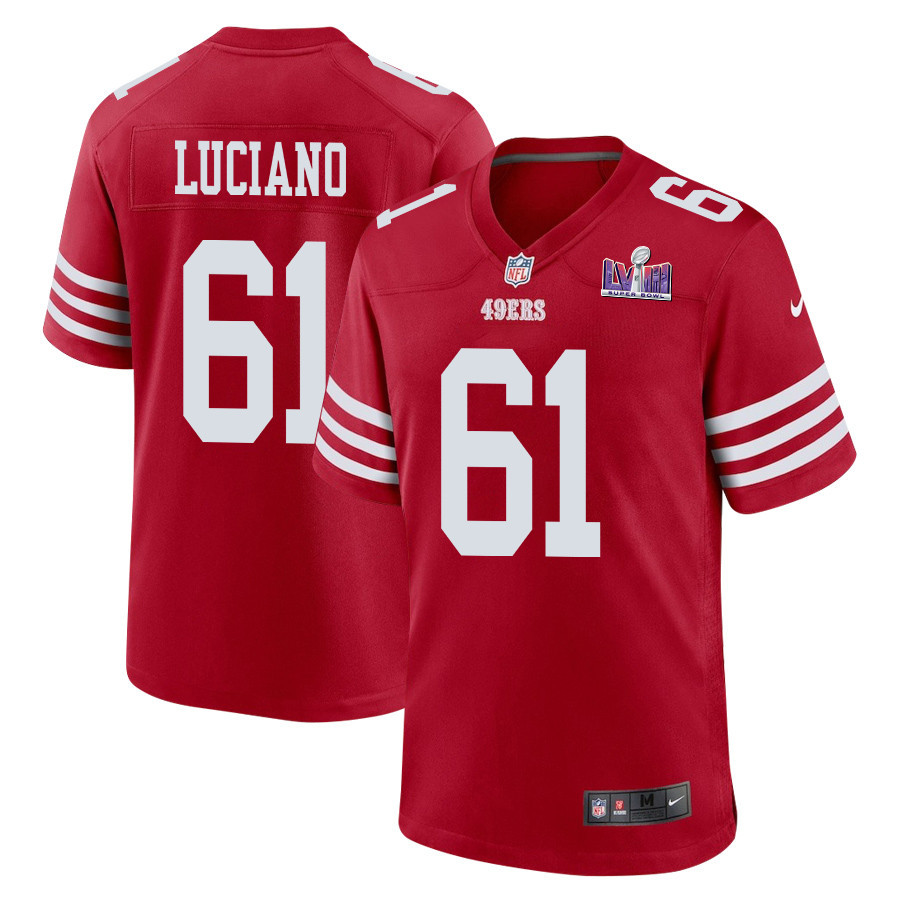 Corey Luciano 61 San Francisco 49ers Super Bowl LVIII Patch Game Scarlet NFL Jersey Men's
