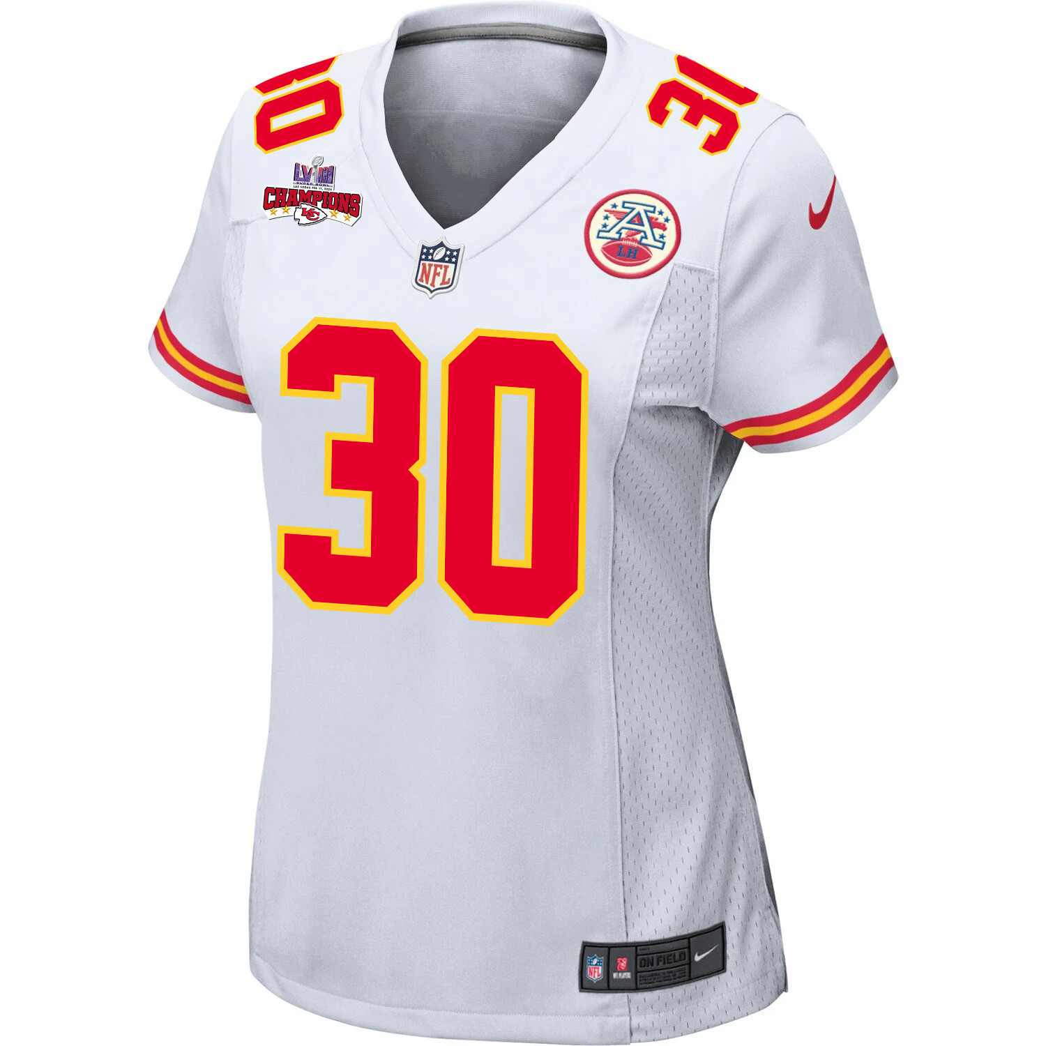 Keaontay Ingram 30 Kansas City Chiefs Super Bowl LVIII Champions 4 Stars Patch Game White NFL Jersey Women's