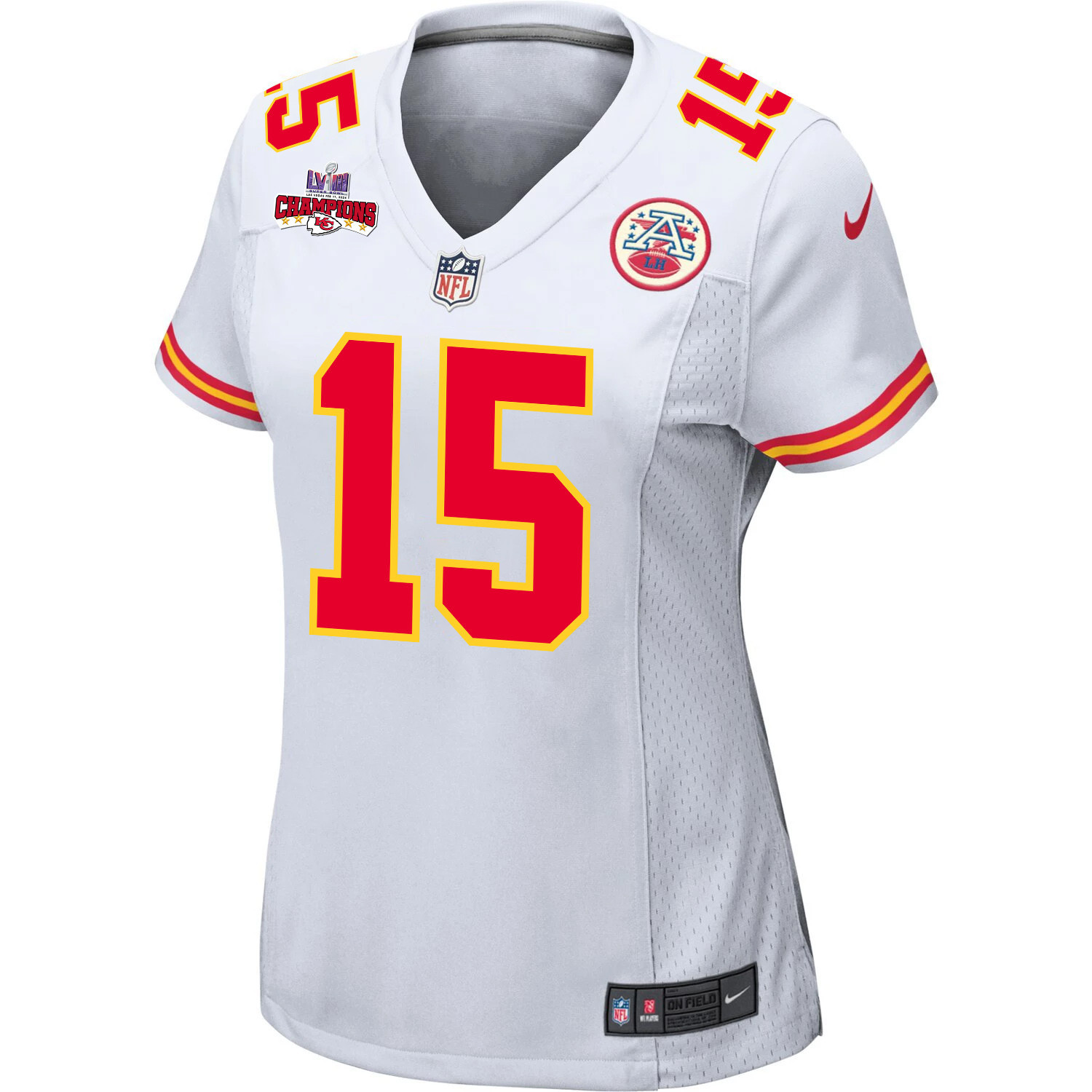Patrick Mahomes 15 Kansas City Chiefs Super Bowl LVIII Champions 4 Stars Patch Game White NFL Jersey Women's