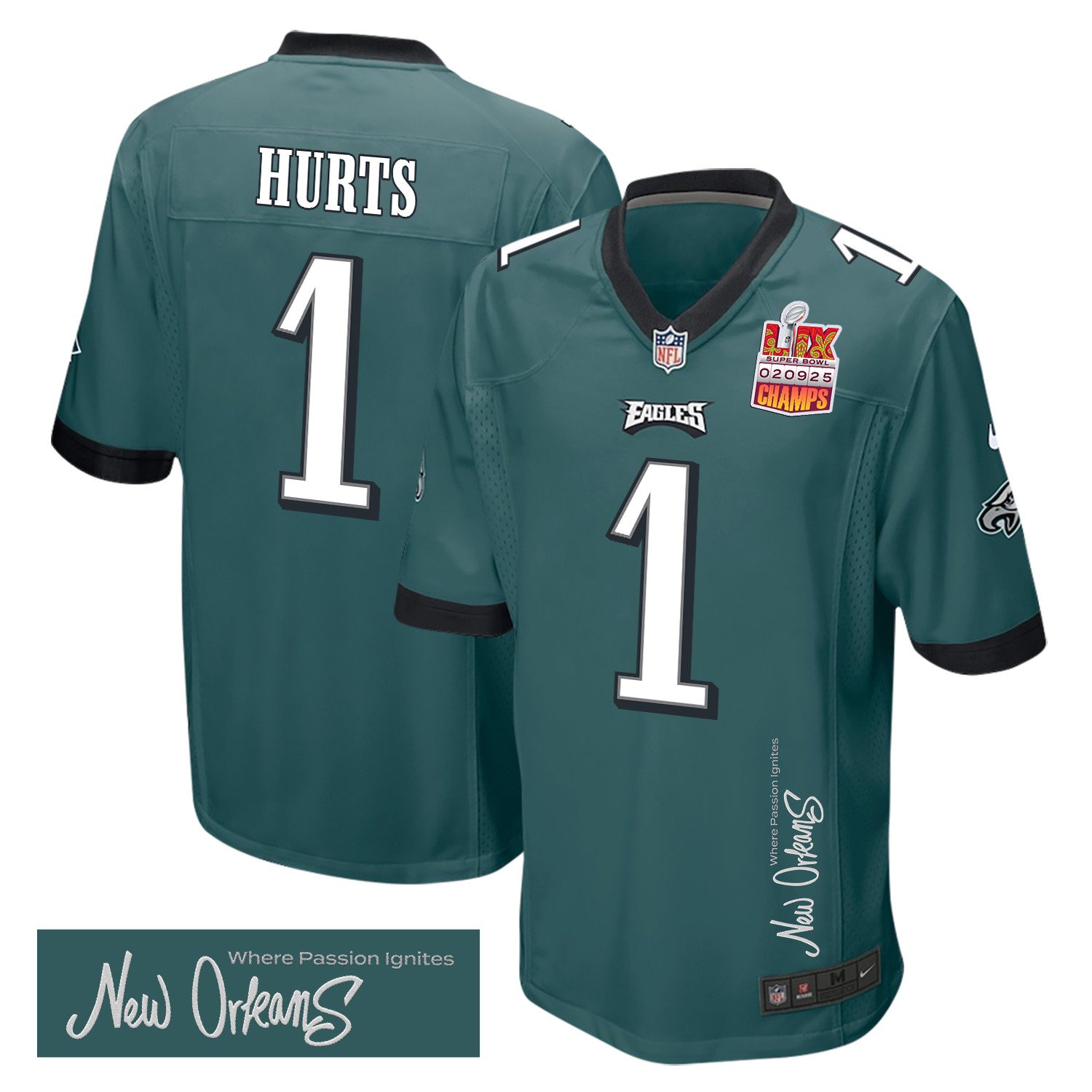Jalen Hurts 1 Philadelphia Eagles Super Bowl LIX Champions Patch New Orleans Where Passion Ignites' EMBROIDERED Game Midnight Green NFL Jersey Men's