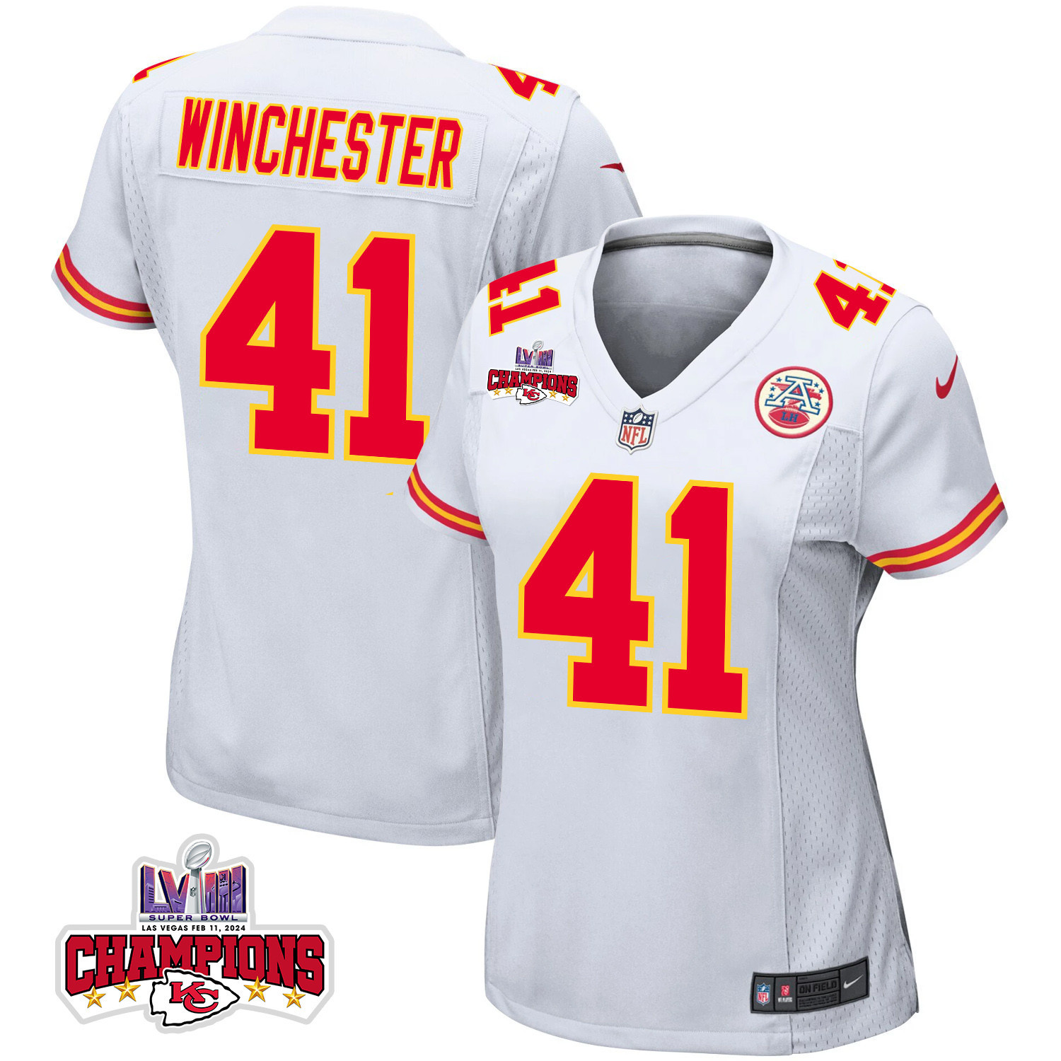 James Winchester 41 Kansas City Chiefs Super Bowl LVIII Champions 4 Stars Patch Game White NFL Jersey Women's