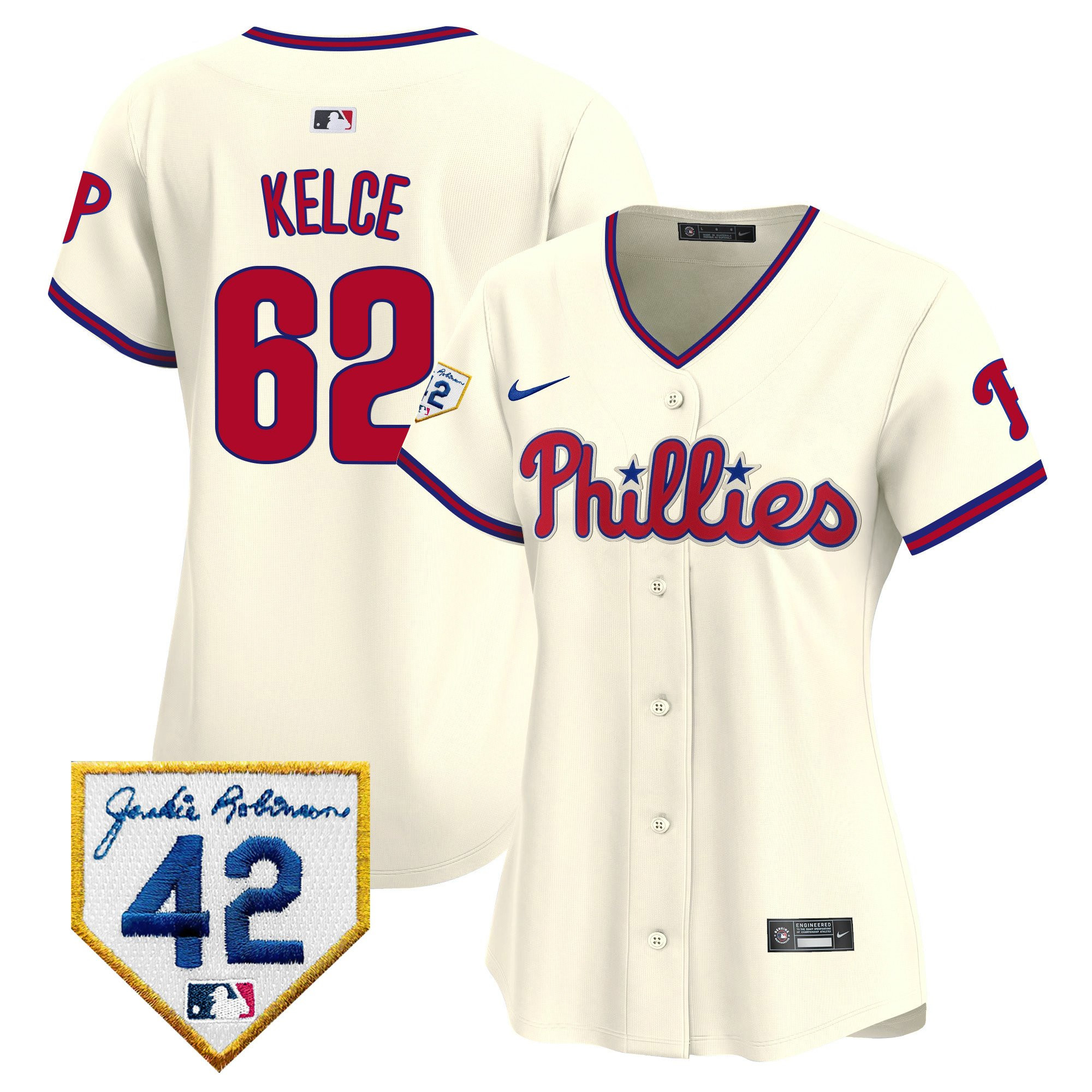 Jason Kelce 62 Philadelphia Phillies 2024 Jackie Robinson Patch Cream MLB Jersey Women's