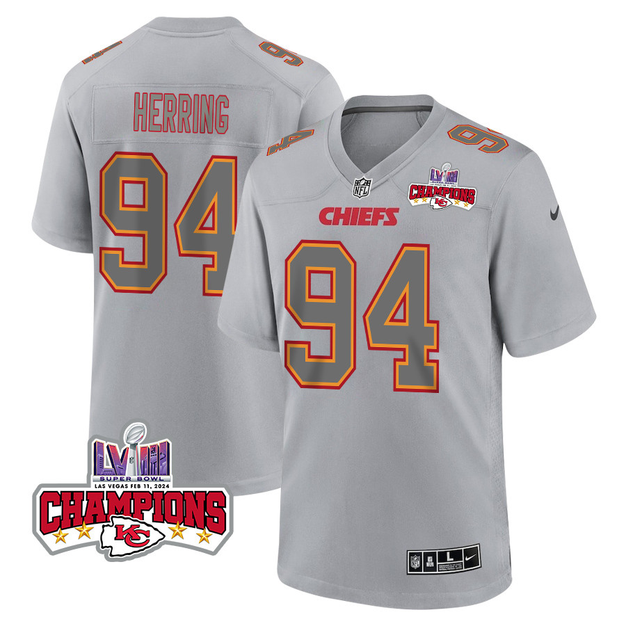 Malik Herring 94 Kansas City Chiefs Super Bowl LVIII Champions 4 Stars Patch Atmosphere Fashion Game Gray NFL Jersey Men's