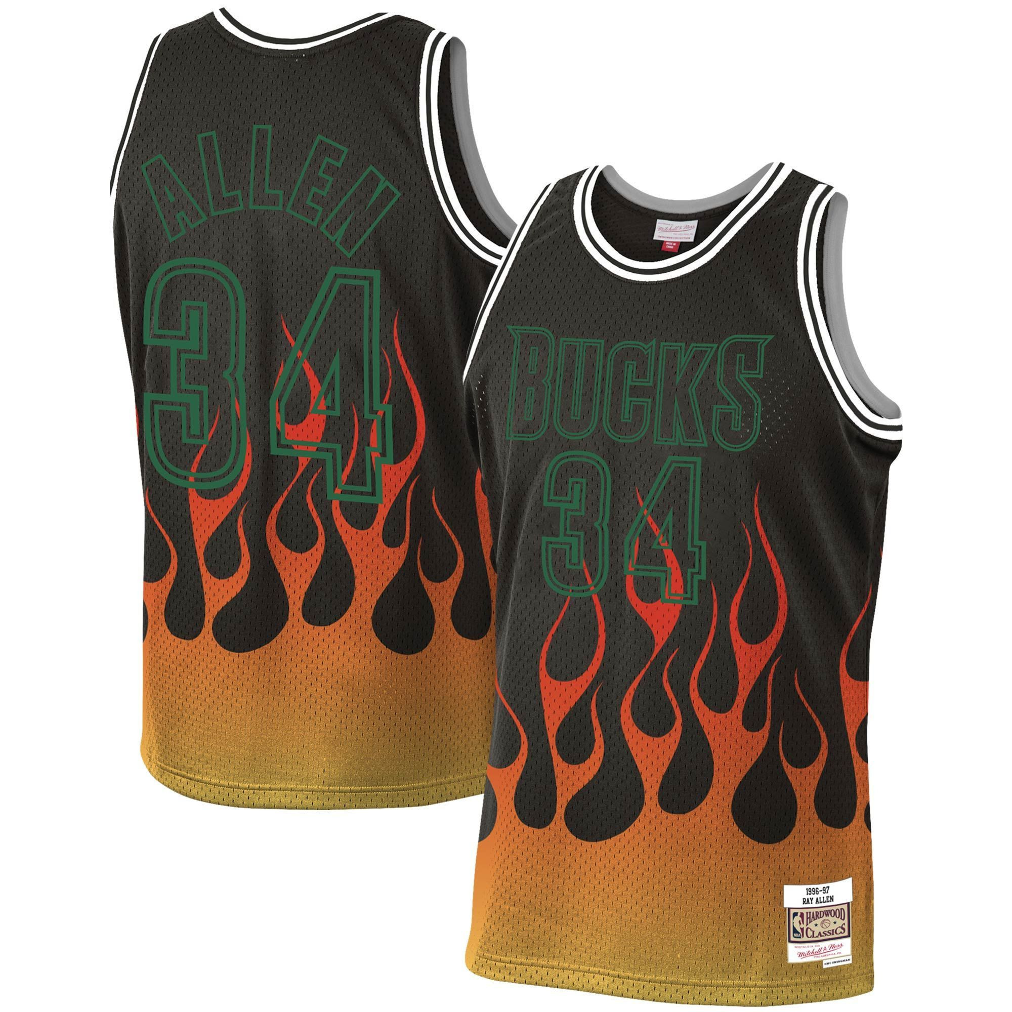 Ray Allen Milwaukee Bucks Mitchell Ness 1996-97 Hardwood Classics Flames Swingman Black NBA Jersey Men's