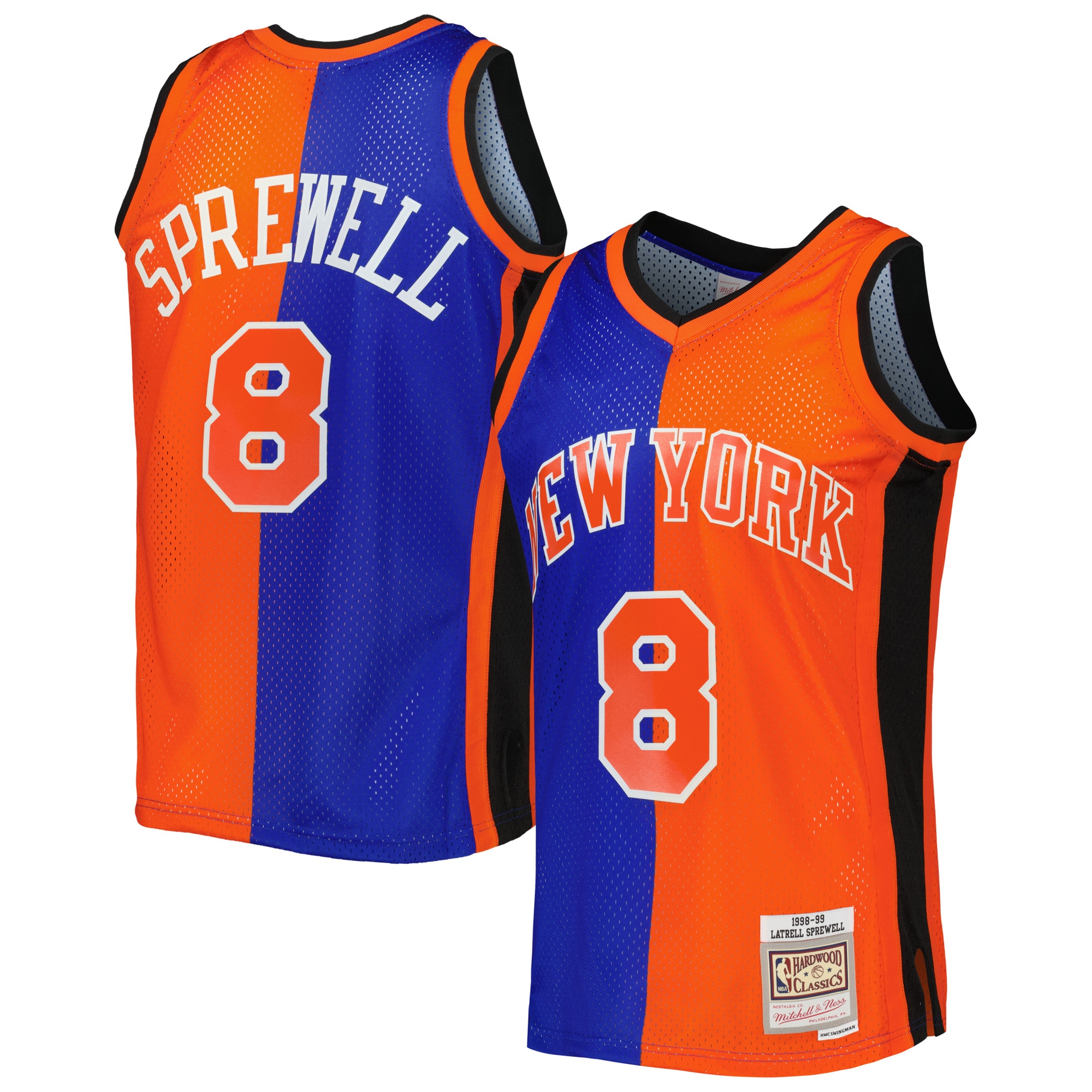 Mitchell Ness Latrell Sprewell Blue/Orange New York Knicks Hardwood Classics 1998/99 Split Swingman NBA Jersey Men's