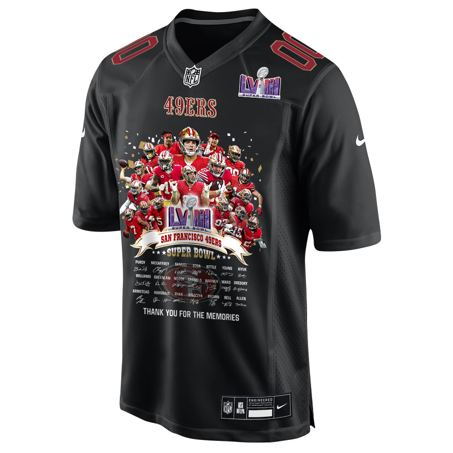 San Francisco 49ers Super Bowl LVIII Thanks For Memories Fashion Game Custom Carbon Black NFL Jersey Men's