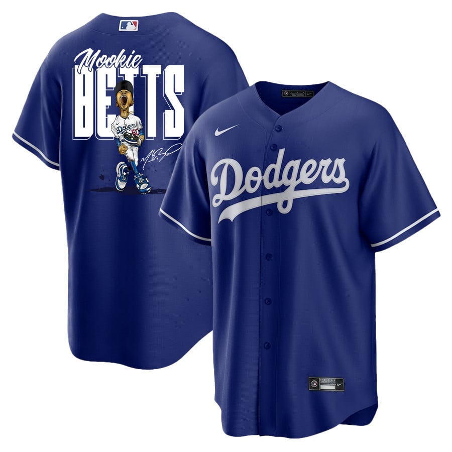 Mookie Betts 50 Los Angeles Dodgers Signed Cartoon 2023 Alternate Player Royal MLB Jersey Men's
