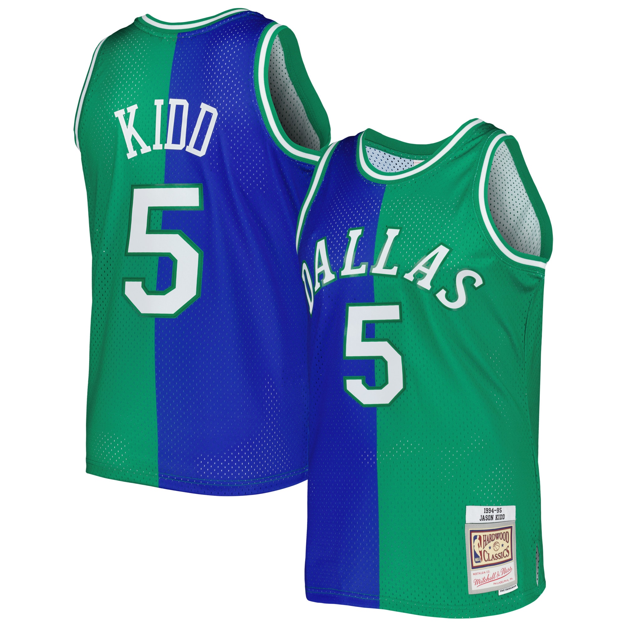 Mitchell Ness Jason Kidd Blue/Green Dallas Mavericks Hardwood Classics 1994/95 Split Swingman NBA Jersey Men's
