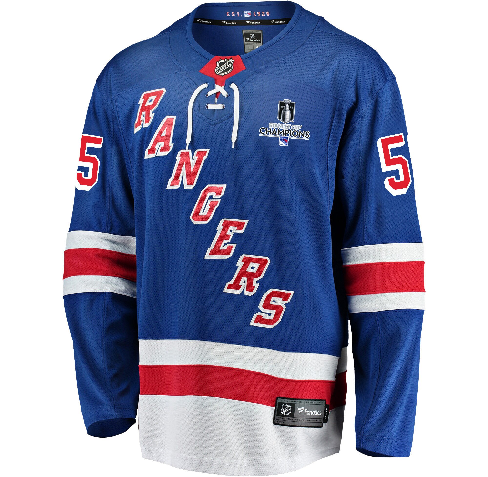 New York Rangers Ryan Lindgren 55 Home 2022 Stanley Cup Champions Breakaway Blue NHL Jersey Men's
