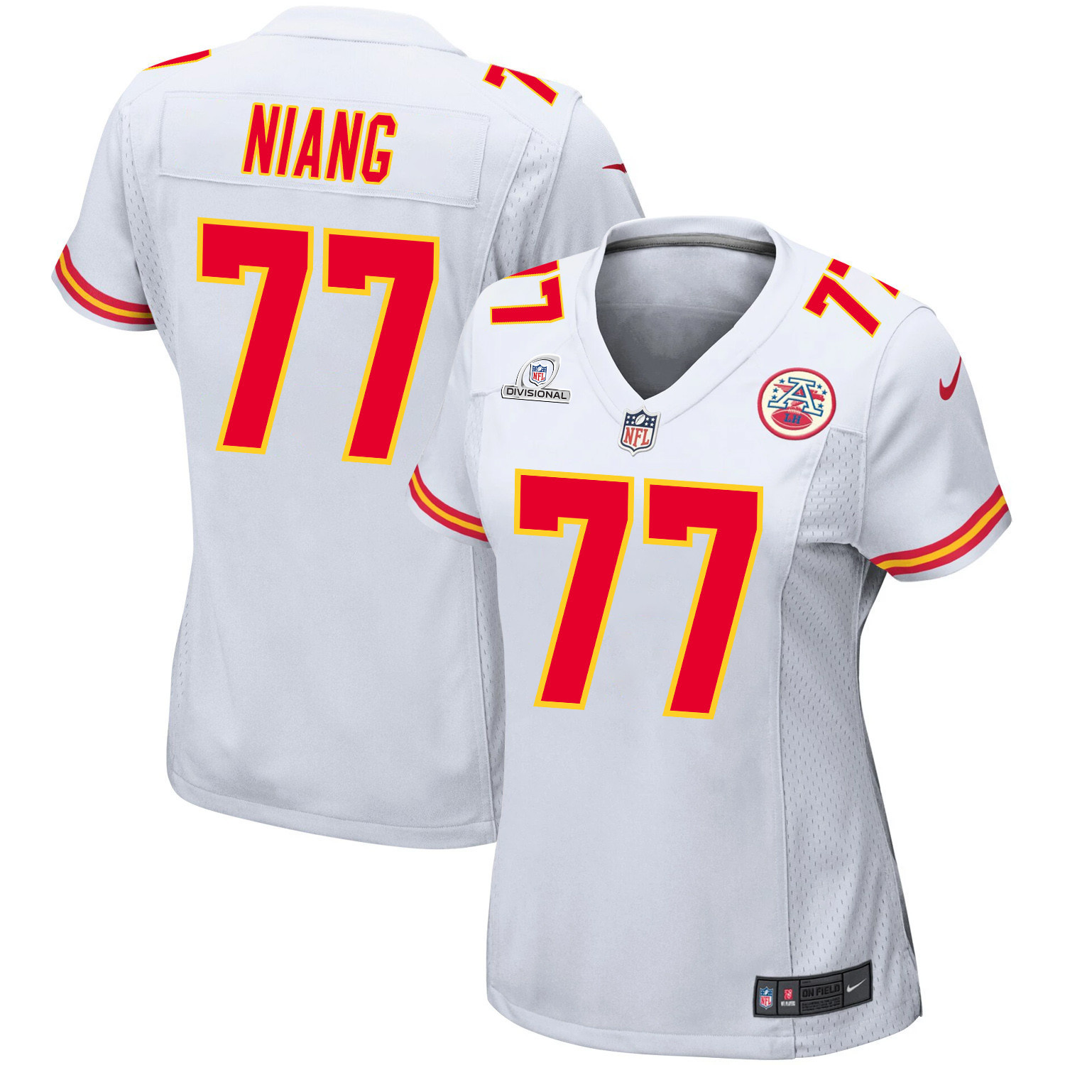 Lucas Niang 77 Kansas City Chiefs Super Bowl LVIII Patch Game White NFL Jersey Women's