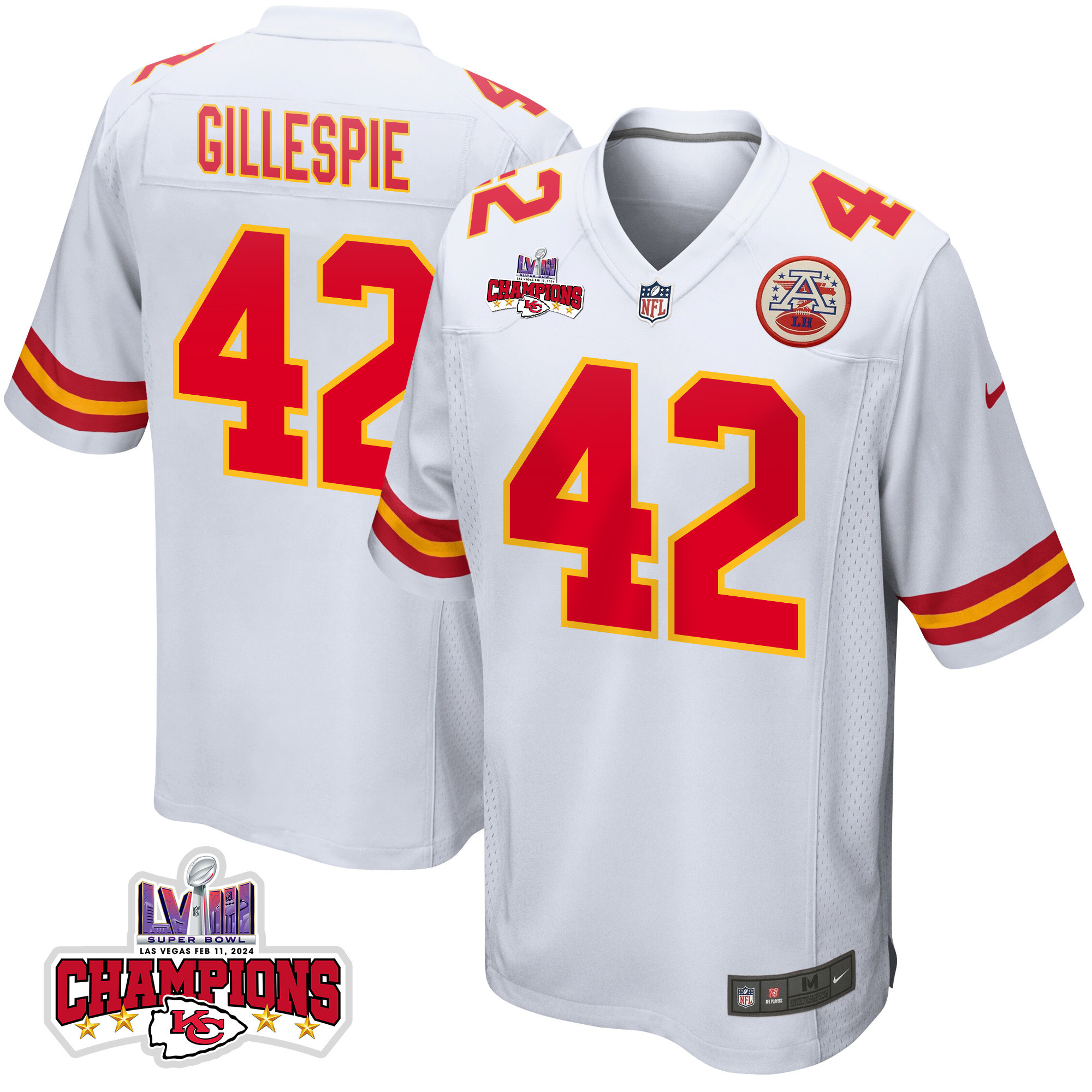 Tyree Gillespie 42 Kansas City Chiefs Super Bowl LVIII Champions 4 Stars Patch Game White NFL Jersey Men's
