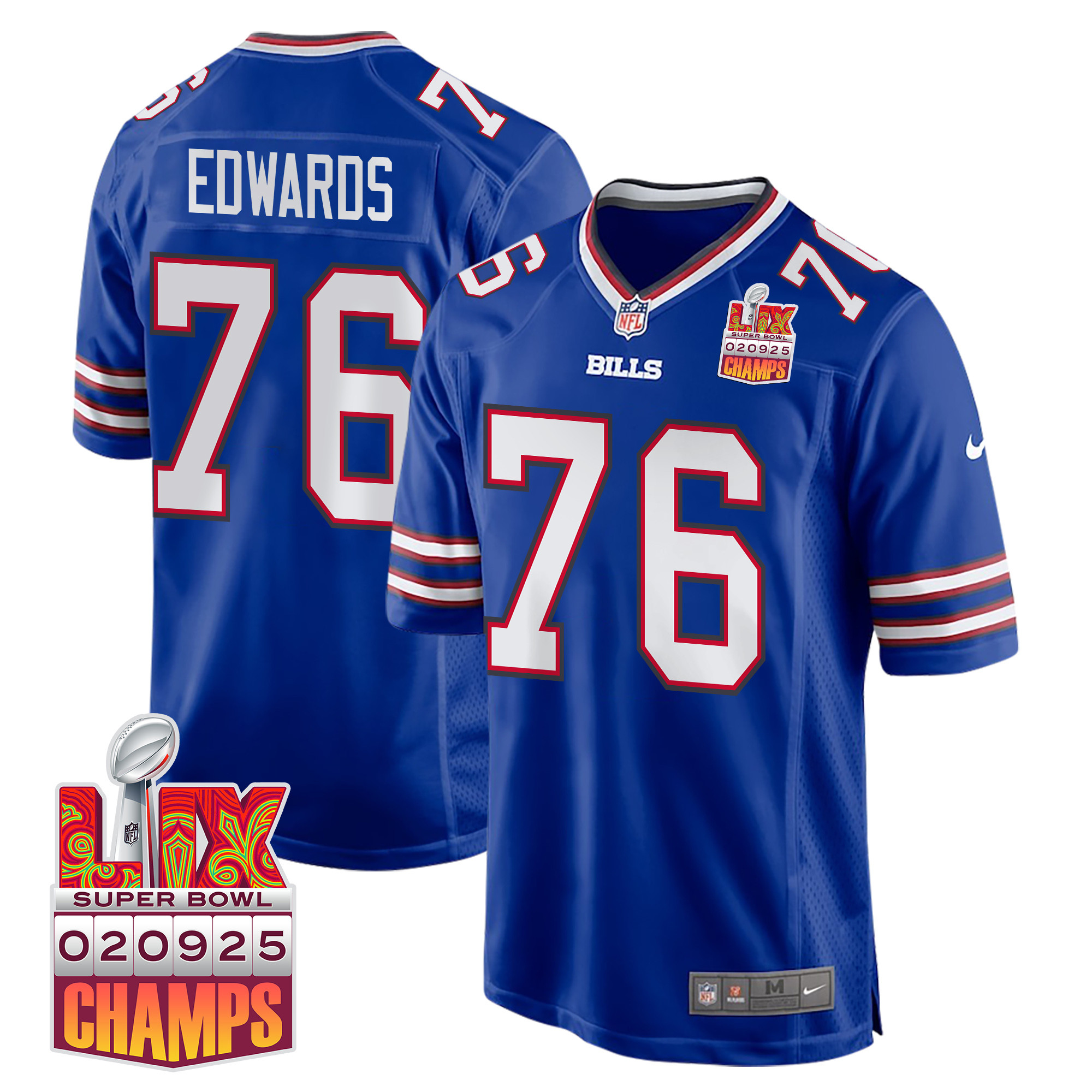 David Edwards 76 Buffalo Bills Super Bowl LIX Champions Patch Game Royal NFL Jersey Men's