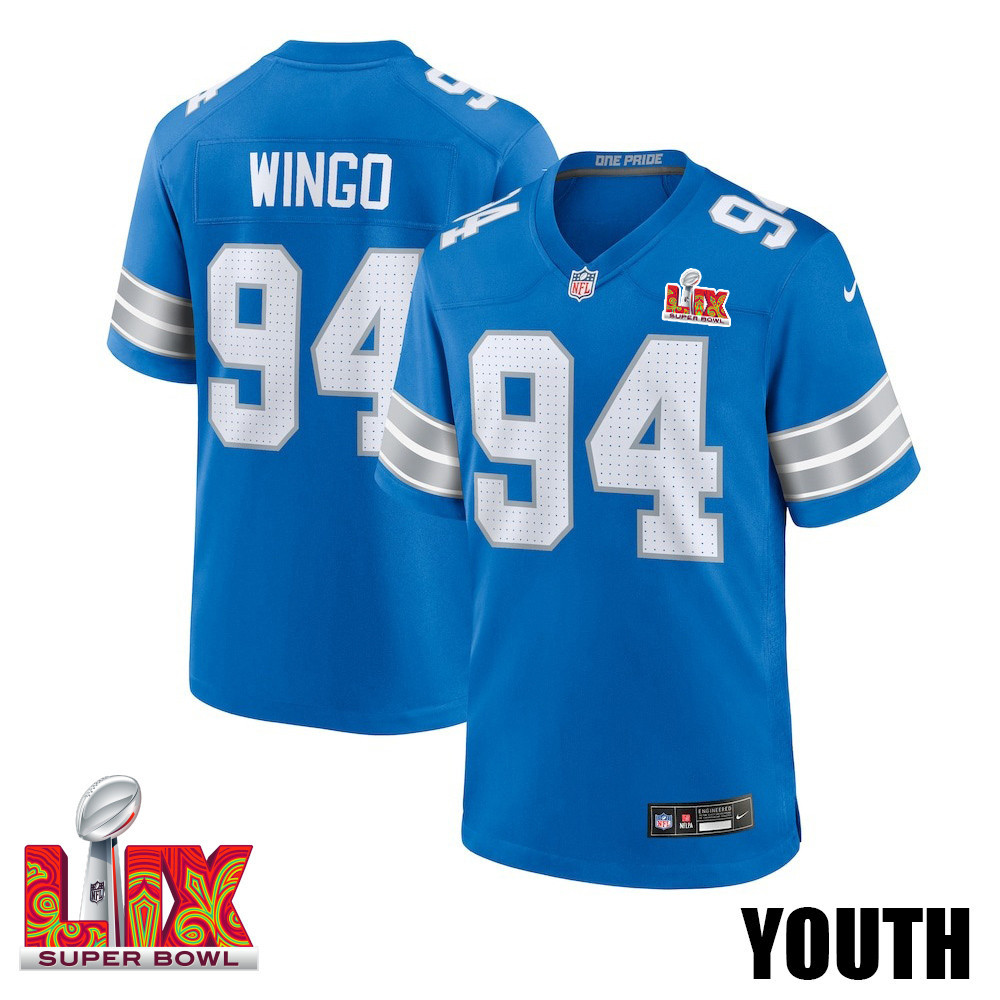 Mekhi Wingo #94 Detroit Lions Super Bowl LIX Blue NFL Jersey Youth