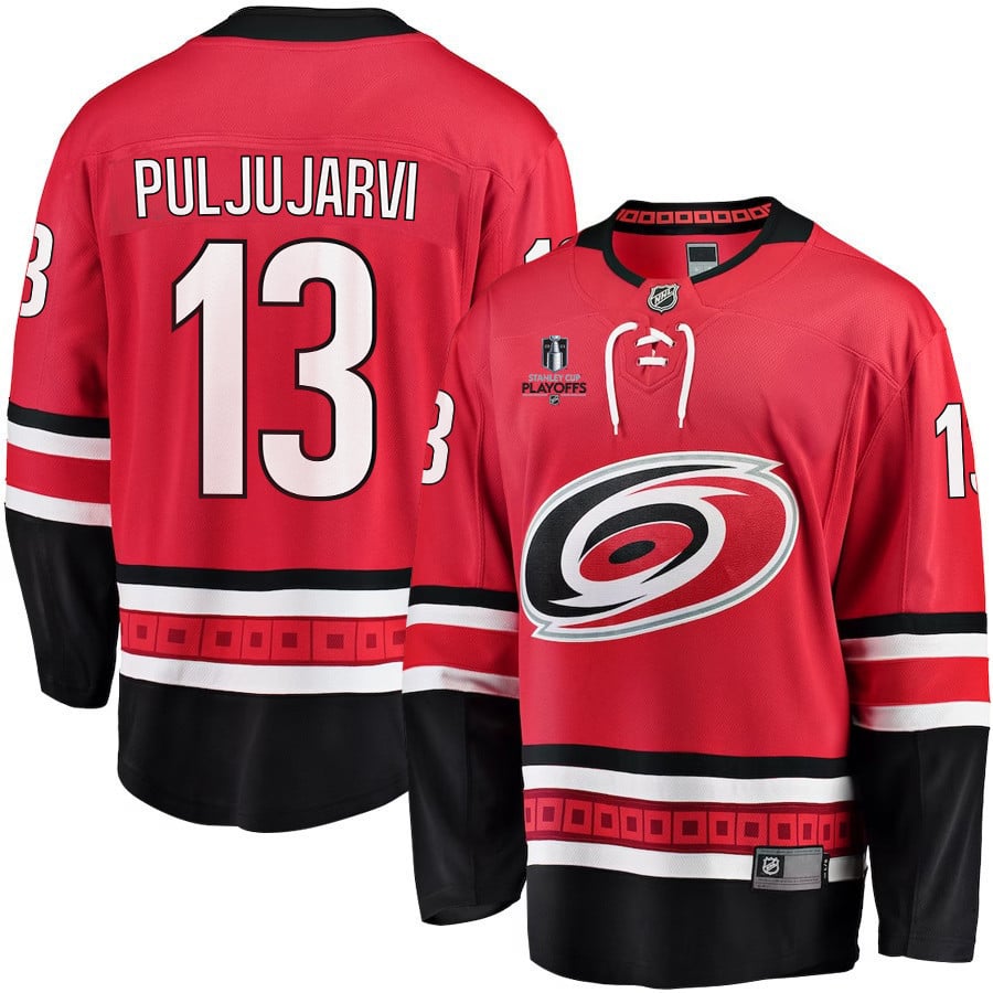 Jesse Puljujarvi 13 Carolina Hurricanes Stanley Cup 2023 Playoffs Patch Home Breakaway Red NHL Jersey Men's