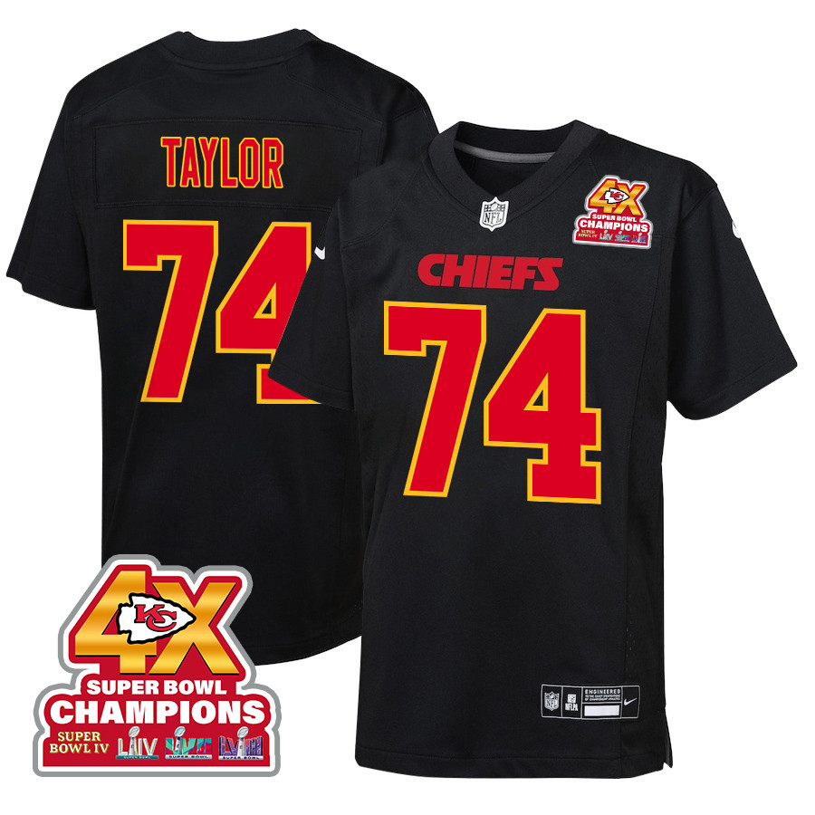 Jawaan Taylor 74 Kansas City Chiefs Super Bowl LVIII Champions 4X Fashion Game Carbon Black NFL Jersey Youth