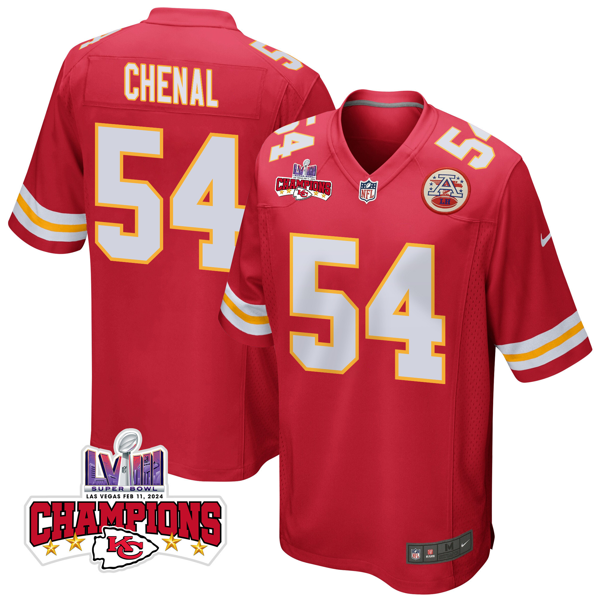 Leo Chenal 54 Kansas City Chiefs Super Bowl LVIII Champions 4 Stars Patch Game Red NFL Jersey Men's