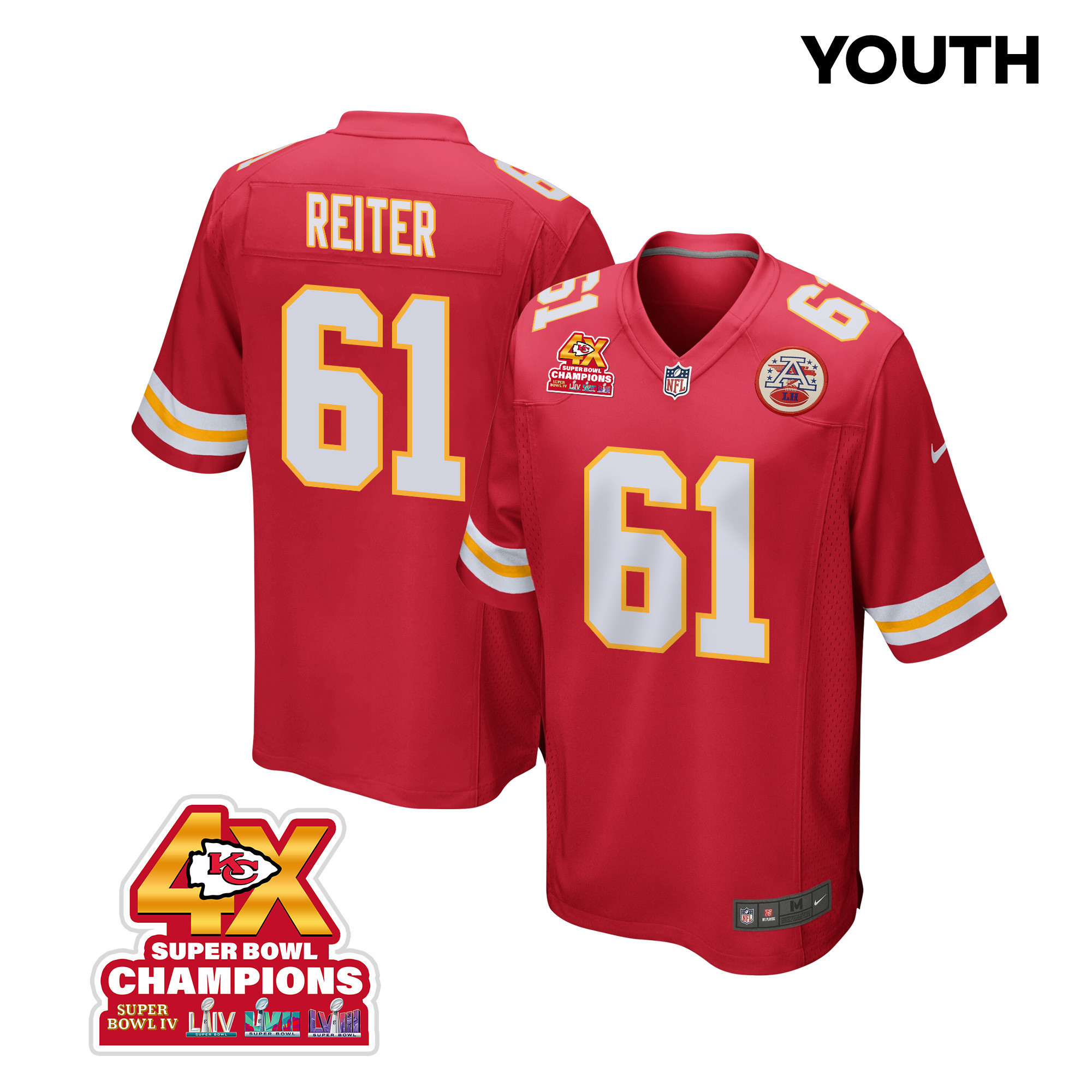 Austin Reiter 61 Kansas City Chiefs Super Bowl LVIII Champions 4X Game Red NFL Jersey Youth