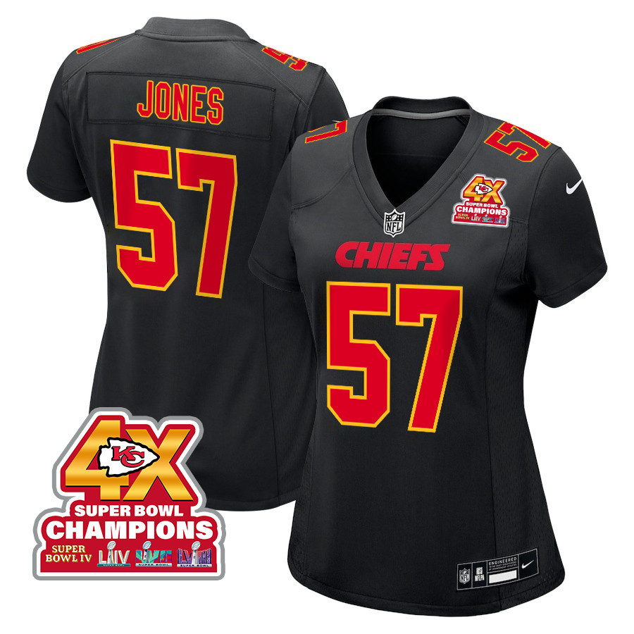 Truman Jones 57 Kansas City Chiefs Super Bowl LVIII Champions 4X Fashion Game Carbon Black NFL Jersey Women's
