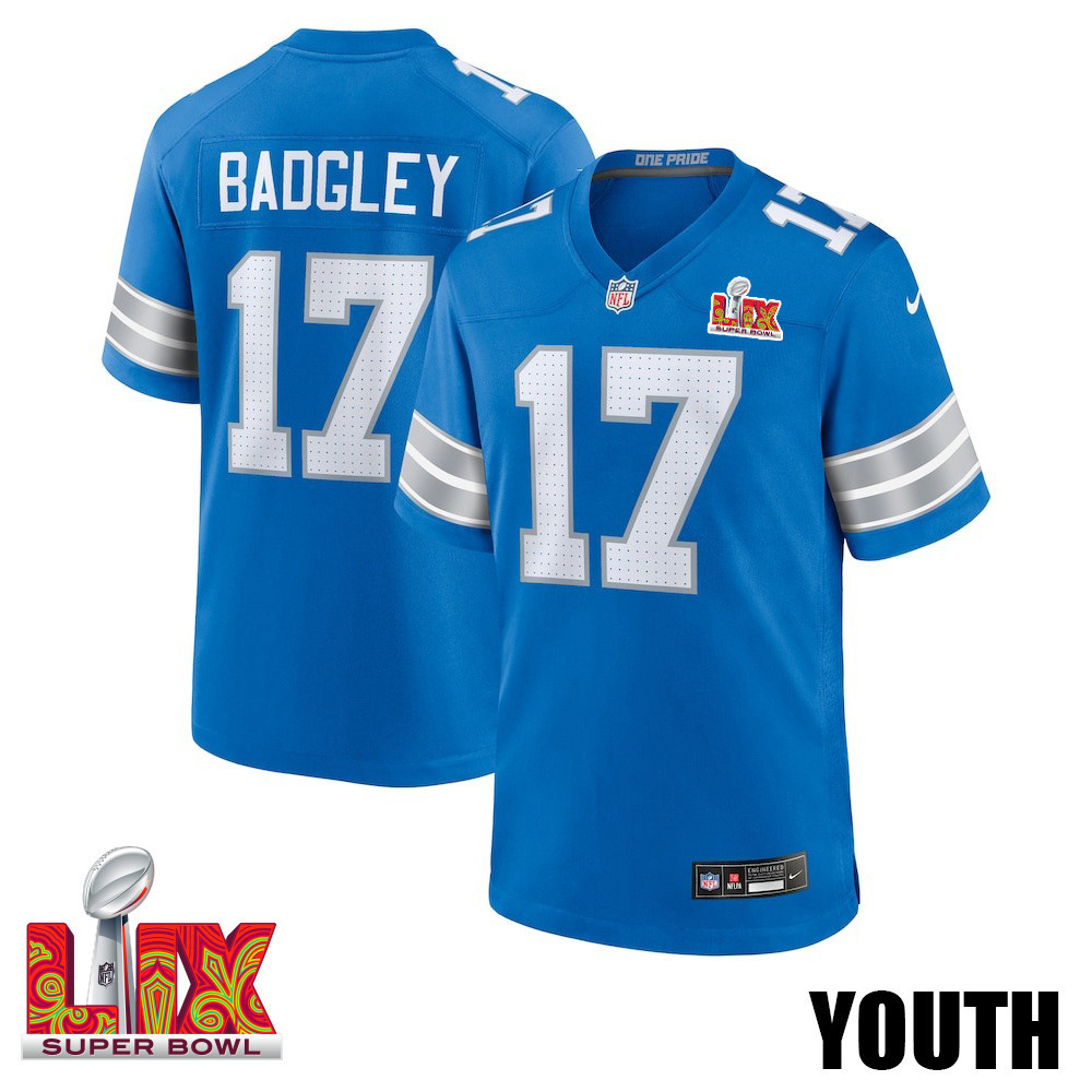Michael Badgley #17 Detroit Lions Super Bowl LIX Blue NFL Jersey Youth