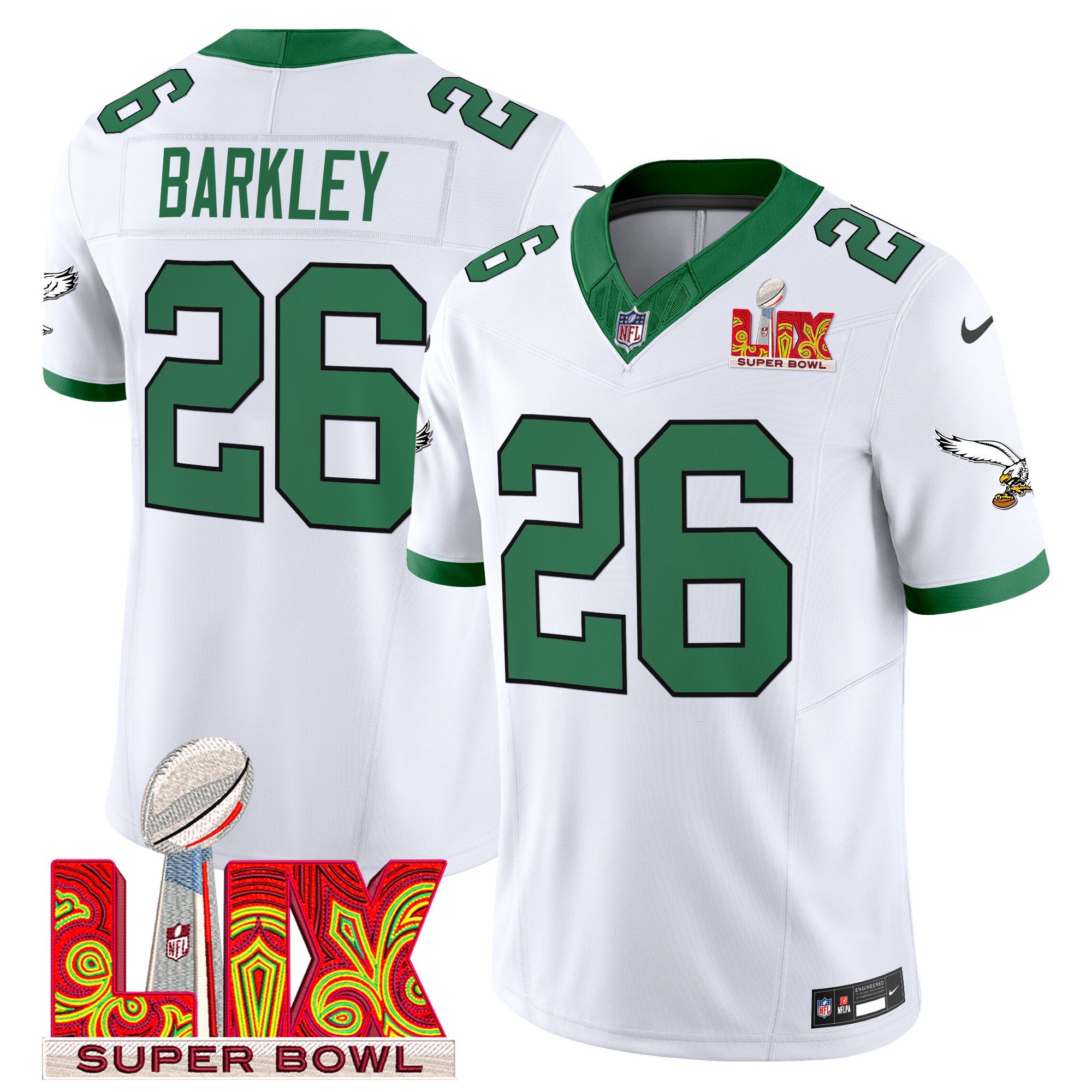 Saquon Barkley 26 Philadelphia Eagles Kelly Green Super Bowl Champions LIX Patch Vapor Limited White NFL Jersey Men's