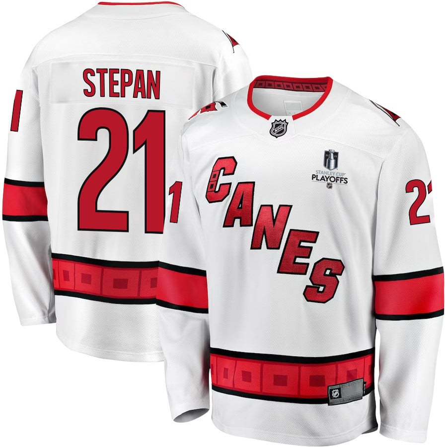 Derek Stepan 21 Carolina Hurricanes Stanley Cup 2023 Playoffs Patch Away Breakaway White NHL Jersey Men's