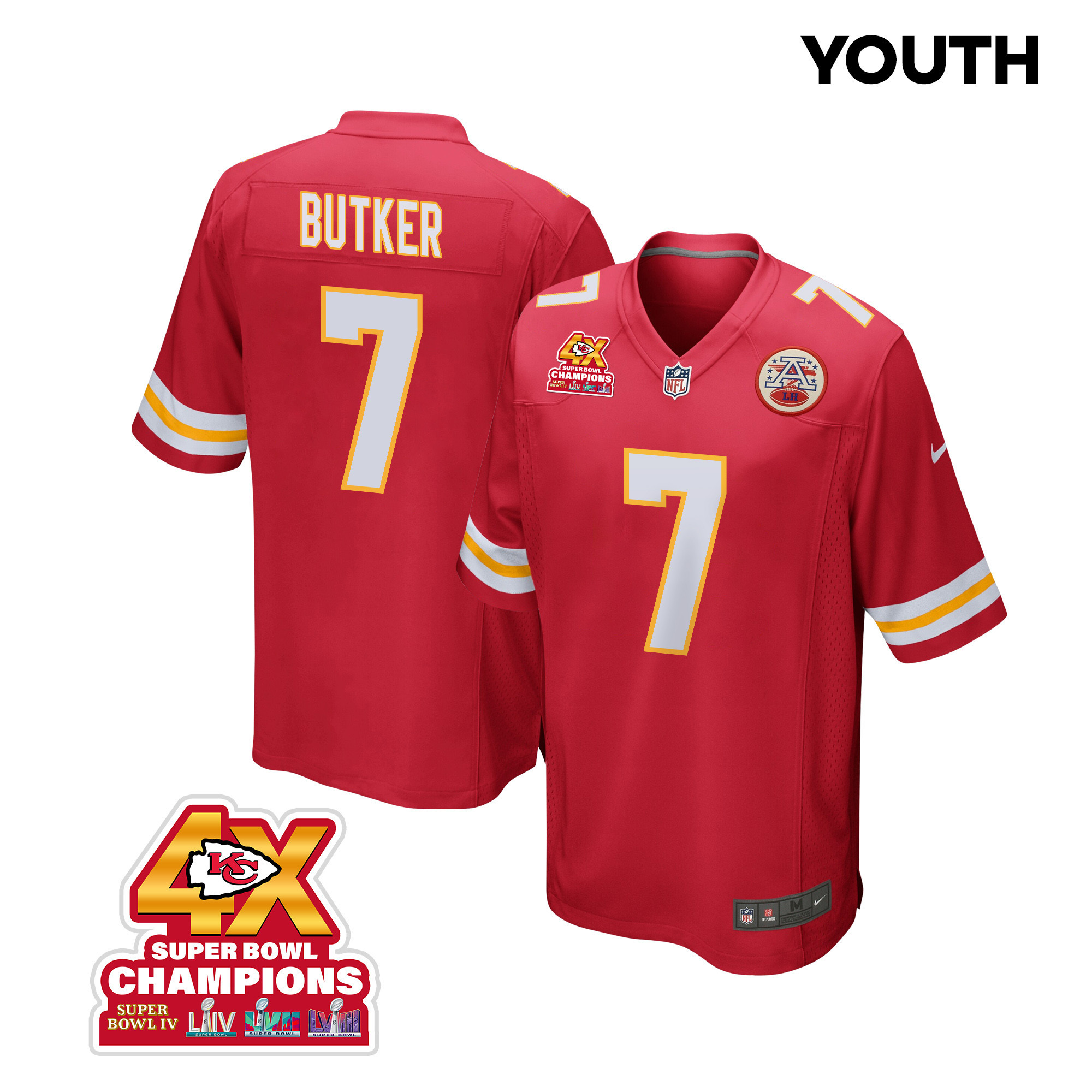 Harrison Butker 7 Kansas City Chiefs Super Bowl LVIII Champions 4X Game Red NFL Jersey Youth