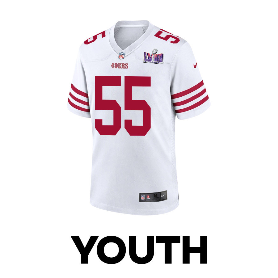Jon Feliciano 55 San Francisco 49ers Super Bowl LVIII Patch Game White NFL Jersey Youth