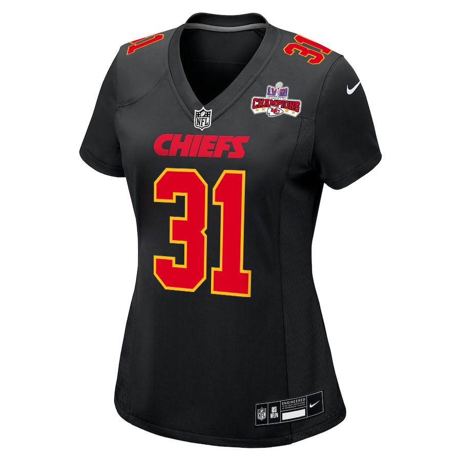 Nic Jones 31 Kansas City Chiefs Super Bowl LVIII Champions 4 Stars Patch Fashion Game Carbon Black NFL Jersey Women's