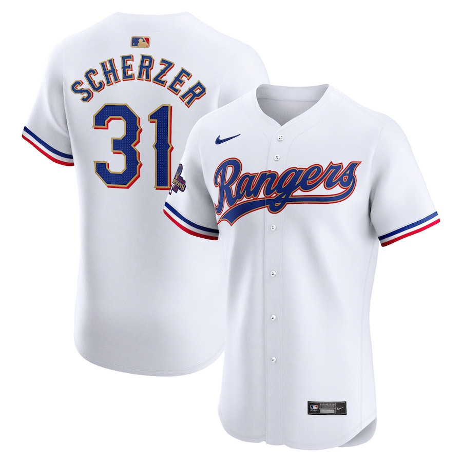 Max Scherzer 31 Texas Rangers 2024 Gold Collection ELITE Player White MLB Jersey Men's