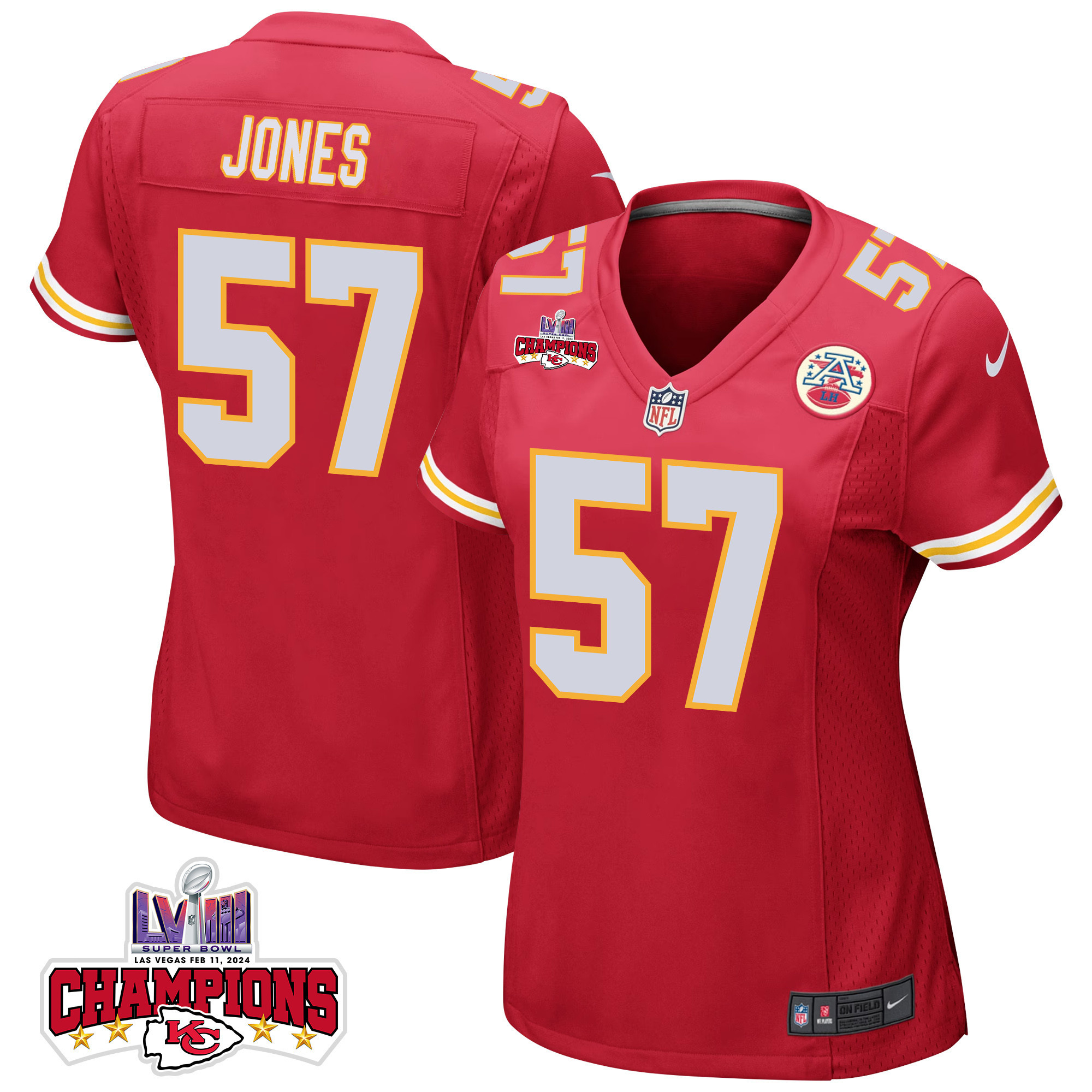 Truman Jones 57 Kansas City Chiefs Super Bowl LVIII Champions 4 Stars Patch Game Red NFL Jersey Women's