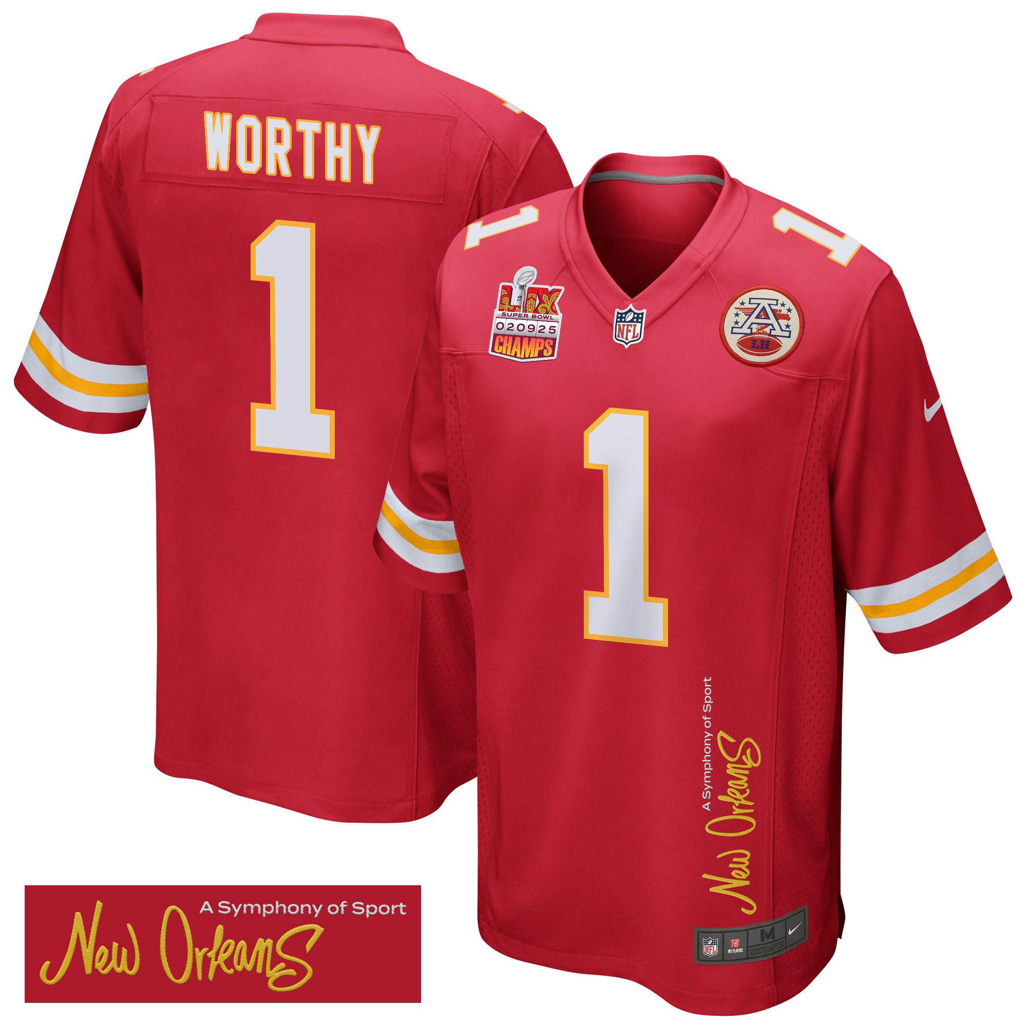 Xavier Worthy 1 Kansas City Chiefs Super Bowl LIX Champions Patch New Orleans A Symphony of Sport' EMBROIDERED Game Red NFL Jersey Men's
