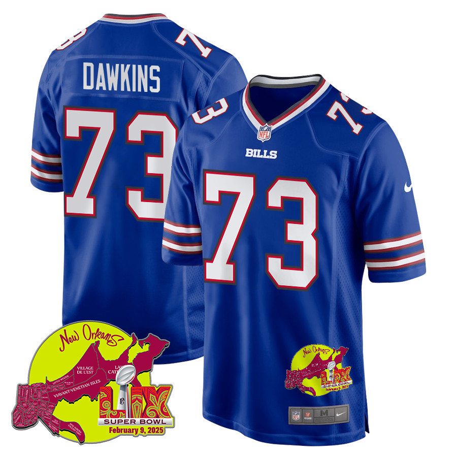Dion Dawkins 73 Buffalo Bills Super Bowl LIX New Orleans Patch Game Royal NFL Jersey Men's