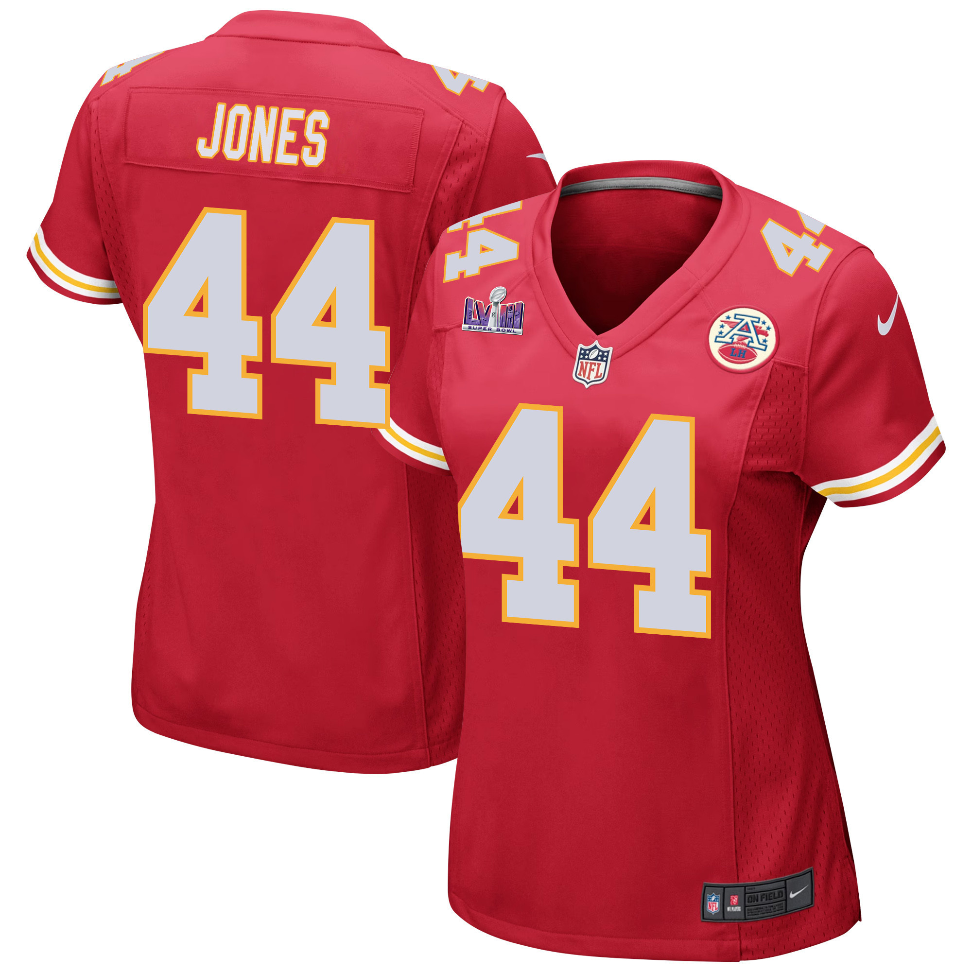 Cam Jones 44 Kansas City Chiefs Super Bowl LVIII Patch Game Red NFL Jersey Women's