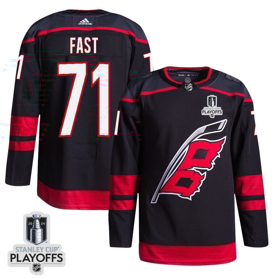 Jesper Fast 71 Carolina Hurricanes 2024 Playoffs Patch Home Black NHL Jersey Men's